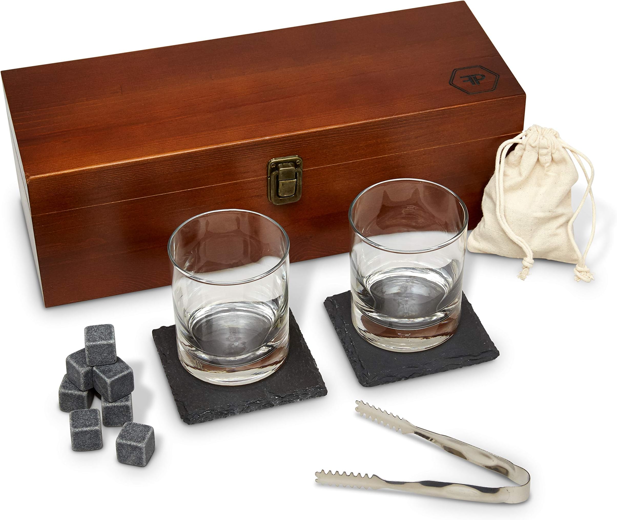 Fine Pursuits Whiskey Glass Set - Whiskey Stones - Bourbon Glass Bar Set, 8 Whiskey Rocks and 2 Stone Coasters - Bar Accessories for Men, Fathers Day, Groomsmen, Dad, Birthday, Husband and Boyfriend