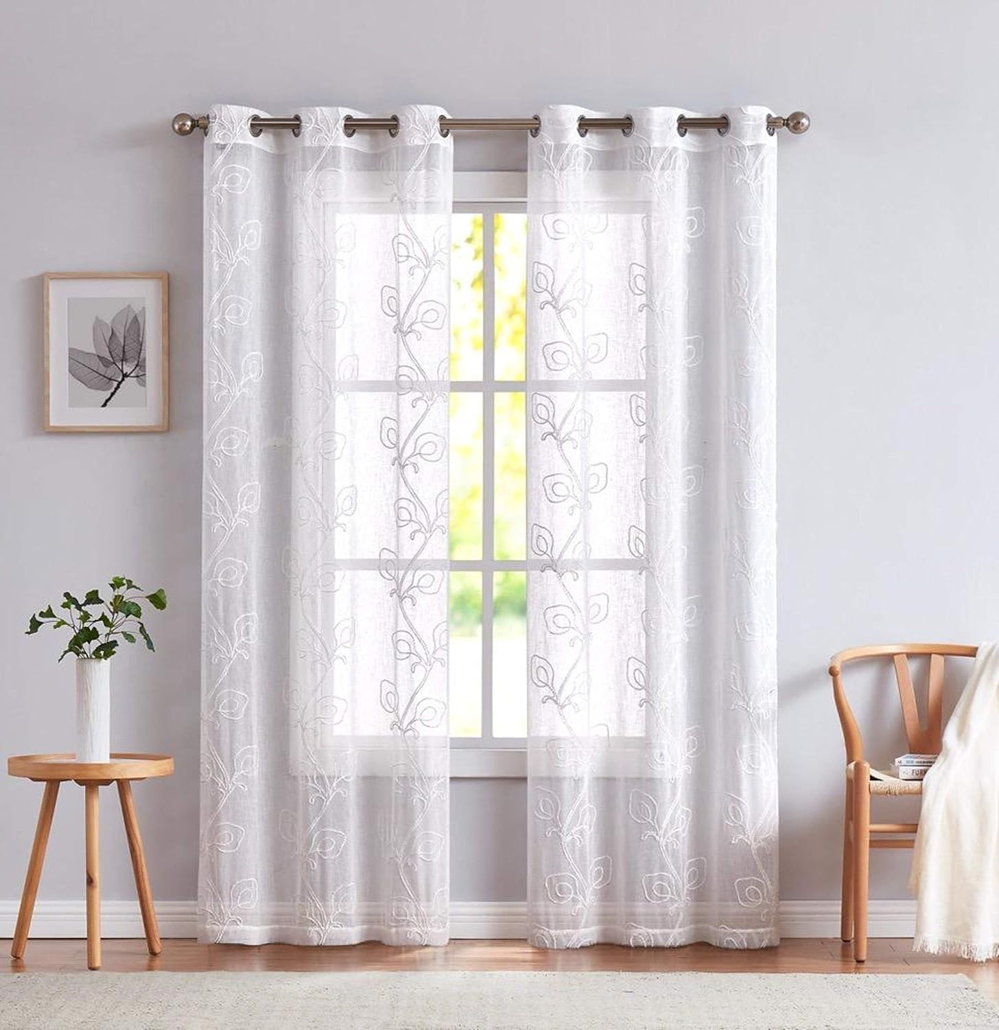 Stella 3D Floral Chenille Embroidered Solid Sheer 76" x 84" Window Curtain Panel Pair in White