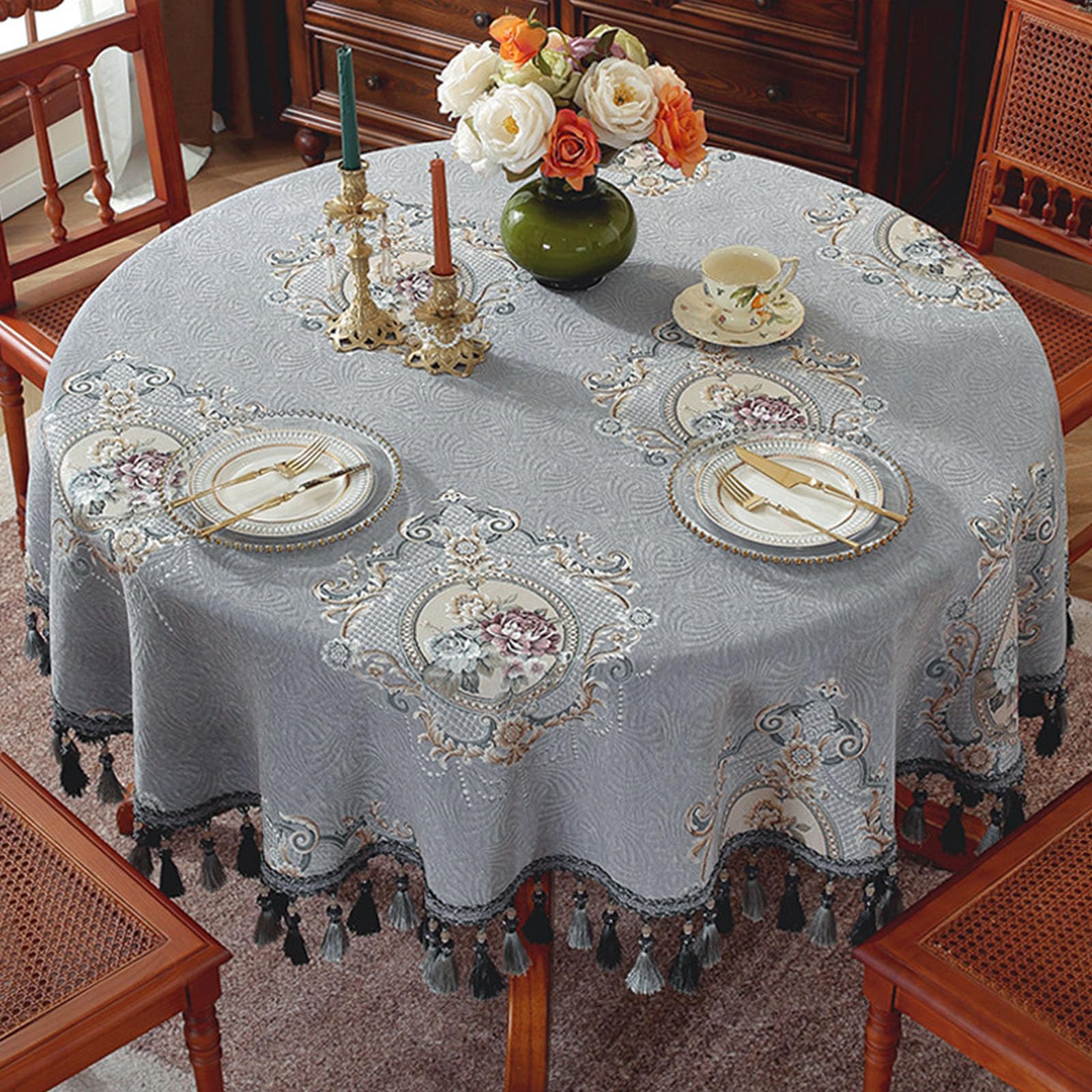 Nappe ronde rétro 120 à 200 cm avec pompons tissés pour banquet