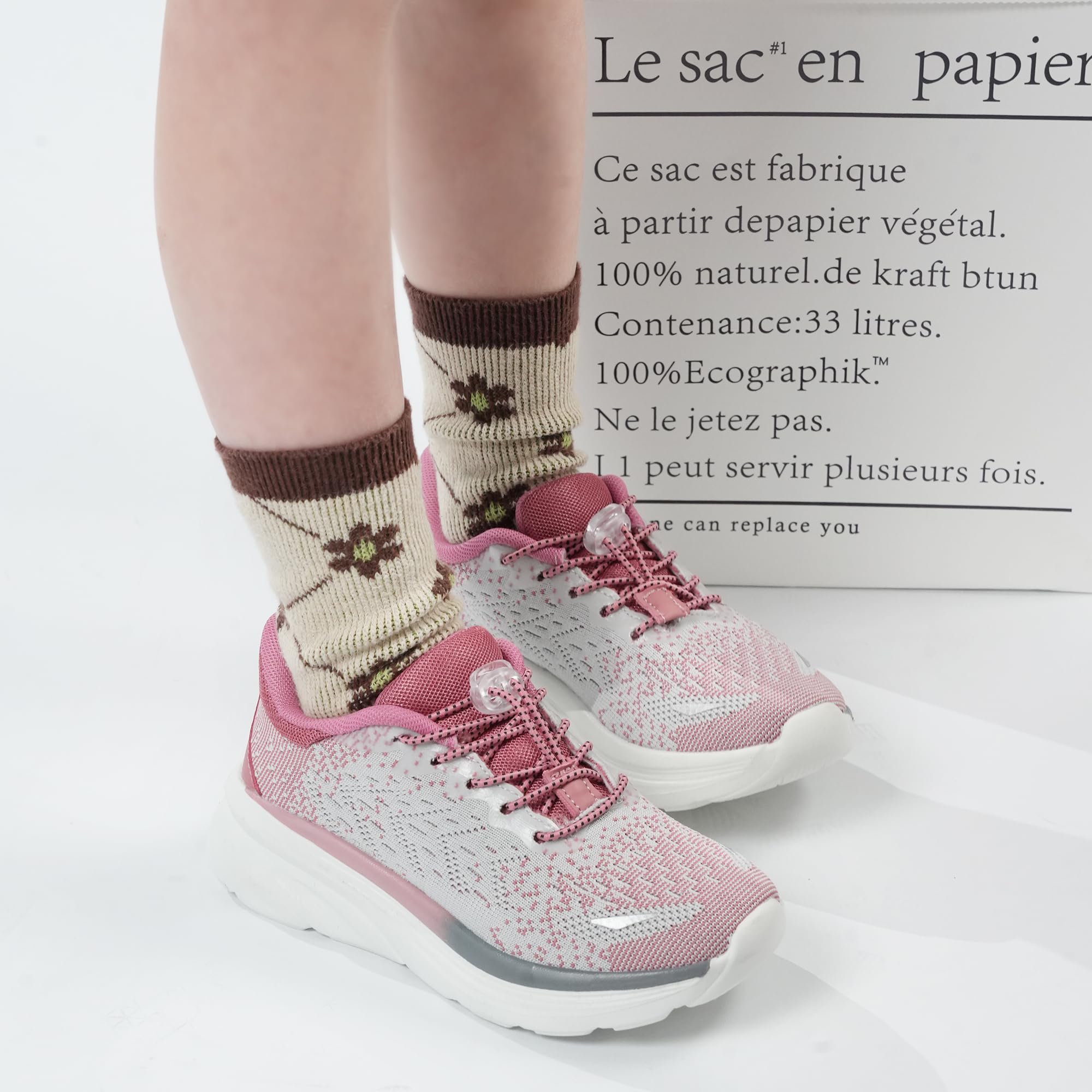 Tobfis Boys Girls Kids Arch Support Bungee Tennis Athletic Running Shoes Lightweight Breathable School Walking Sneakers,Knit Grey Pink,11 M US Little Kid