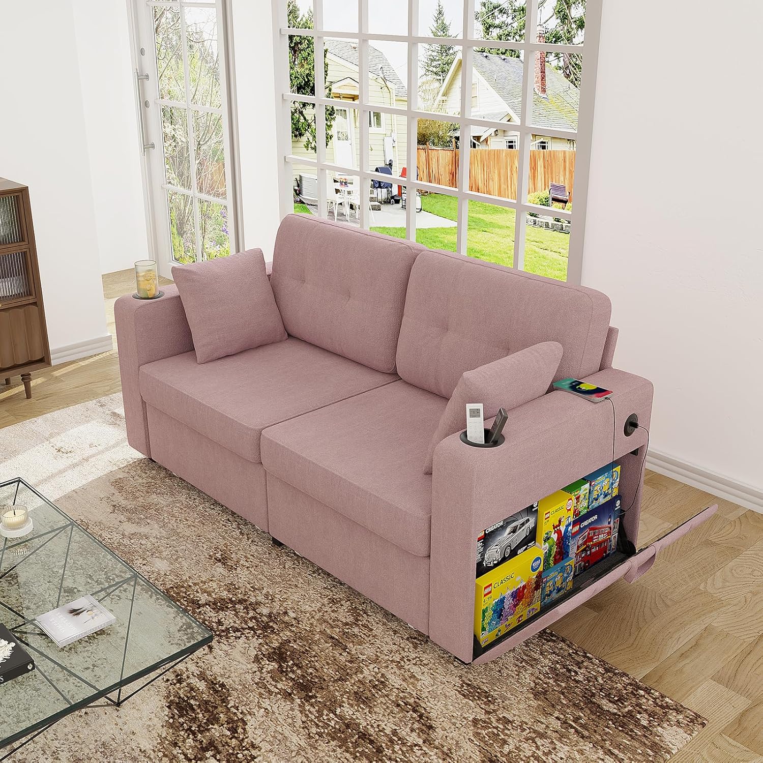67" Small Loveseat Couch with Storage, USB Charging and Cup Holder, Space Saving Furniture, Modern Chenille Love Seat Sofa, Small Couches for Small Spaces, Bedroom, Apartment, Pink