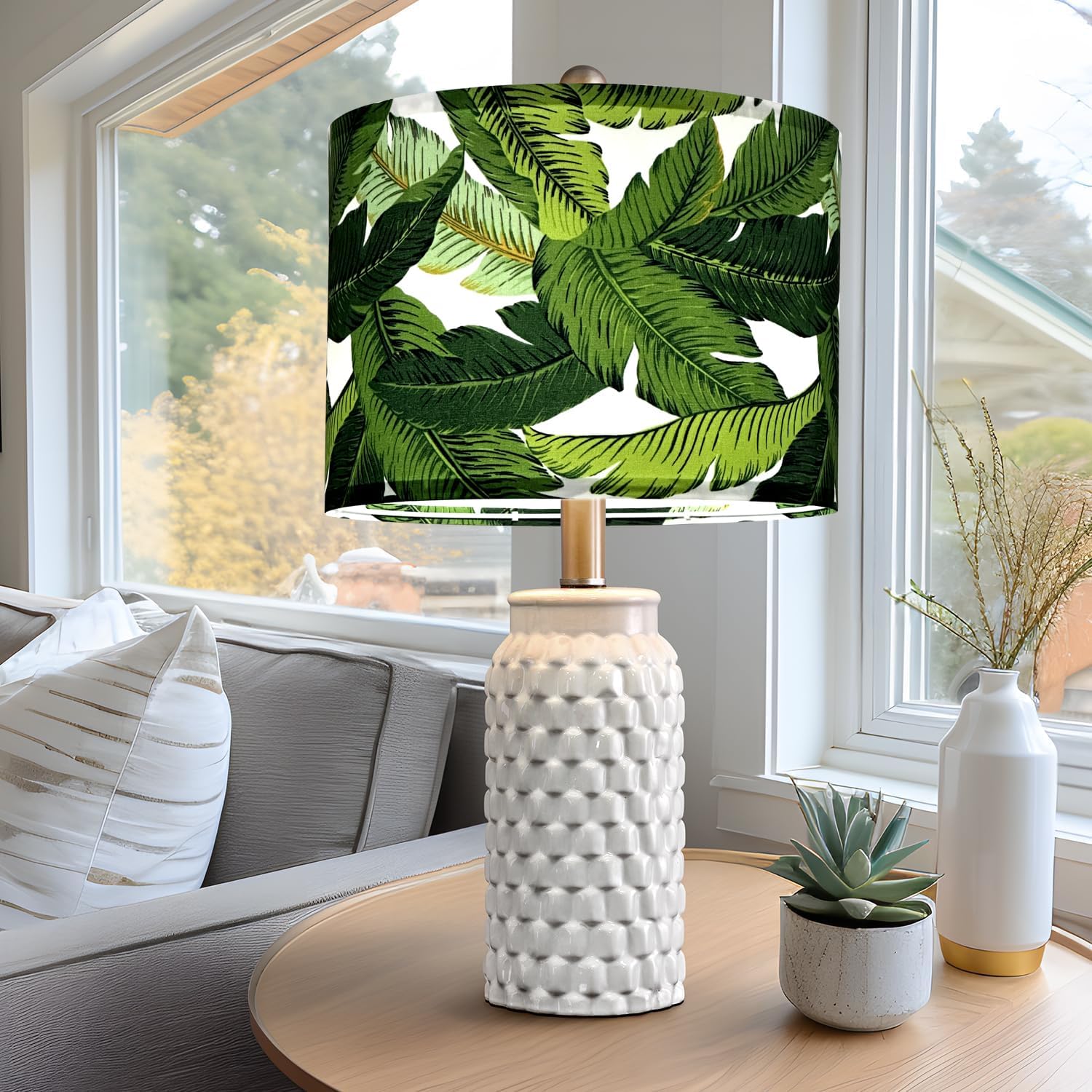 Drum Lamp Shades,13"Top x 13"Bottom x 10"High (Spider) Green Leaf Pattern Fabric Lamp Shades,for Table Lamps Floor Lamps, Farmhouse Lampshades Replacement, Assembly Required