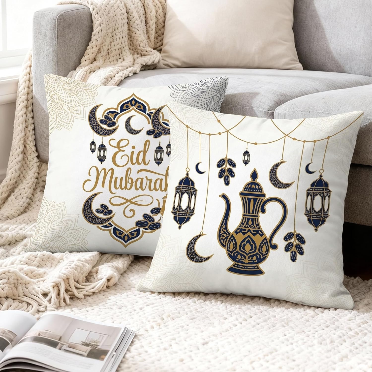 Lantern Throw Pillow Covers Set of 4, Islamic Festive Crescent Star Eid Gold Soft Velvet Washable Cushion Covers Pillow for Living Room Bed Office Sofa Chair Decor 18x18 Inch
