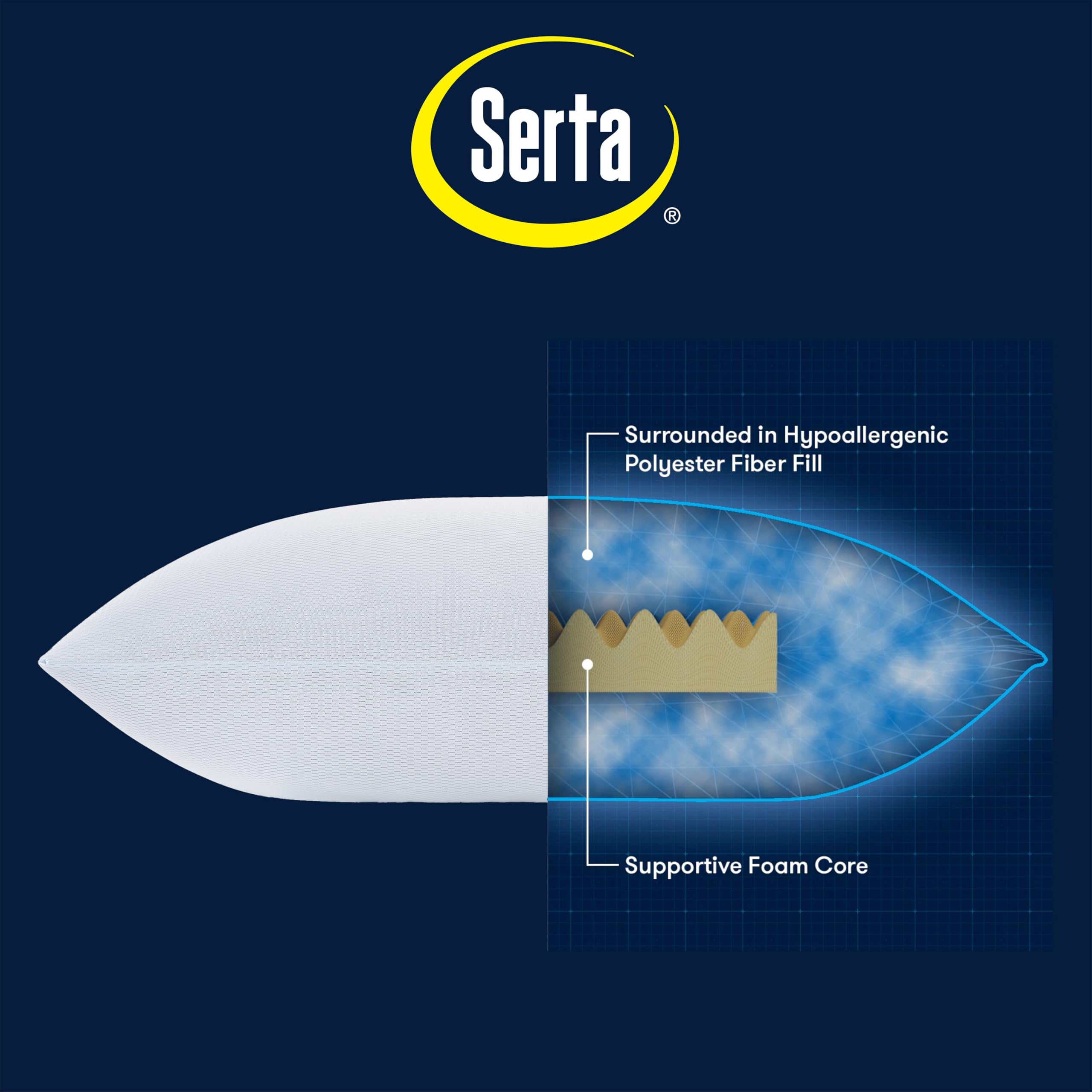 Serta Won't Go Flat Standard/Queen Size Set of 2 Down Alternative Cooling Bed Pillows, Extra Life Foam Core with Medium Support, Perfect for Back, Stomach Or Side Sleepers, Blue 2 Count