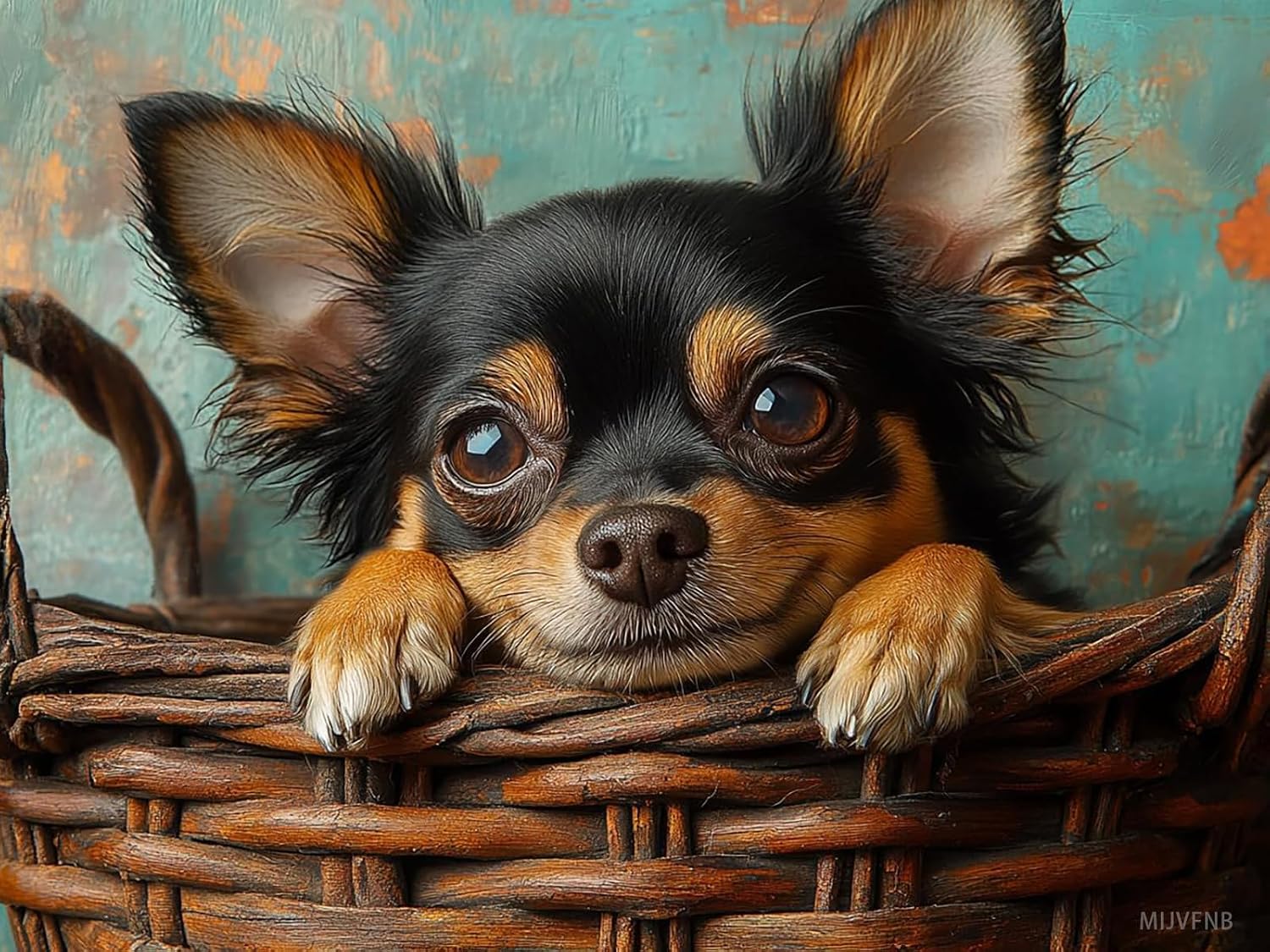 MIJVFNB Stamped Cross Stitch Kits, Chihuahua in Tiny Wicker Basket, Needlepoint Counted Cross Kits for Beginners, Embroidery Kits Arts Home Decor 11CT, 12x16 inch