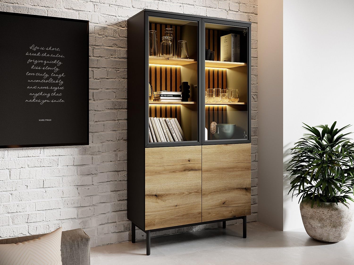 Vitrine 2 portes 102 cm décor chêne et noir - JANIS | Maison et Styles