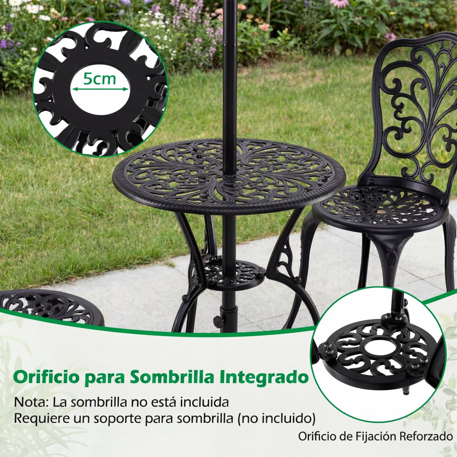 GOPLUS Conjunto de Bistró para Exteriores de 3 Piezas, Juego de Mesa y 2 Sillas de Aluminio Fundido para Todo Tipo de Clima con Agujero para Sombrilla, Juego de Muebles para Jardín (Mariposa)