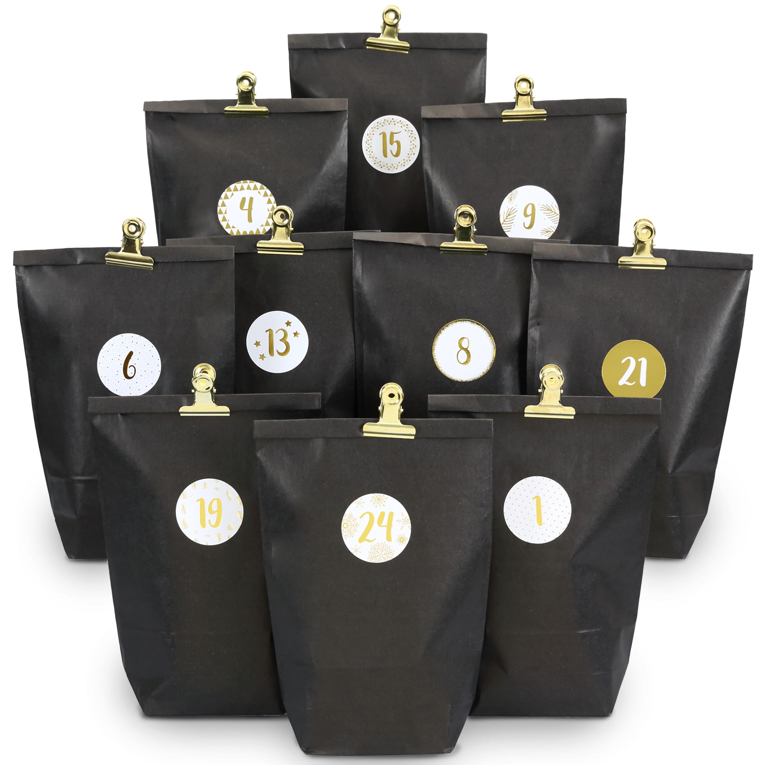 Papierdrachen Extravagant Advent Calendar for Filling with 24 black Gift Bags and 24 Number Stickers and Pegs with Elegance Motif for Crafts Gift-Giving Christmas and Advent