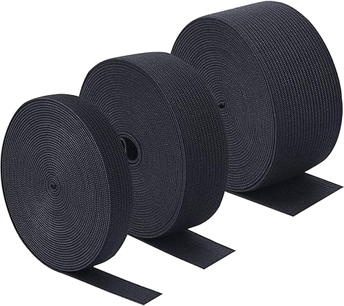 3 rollos de banda elástica extensible para coser en carrete, 3/5, 1, 1-1/2 pulgadas de ancho, 5.5 yardas/rollo (negro)