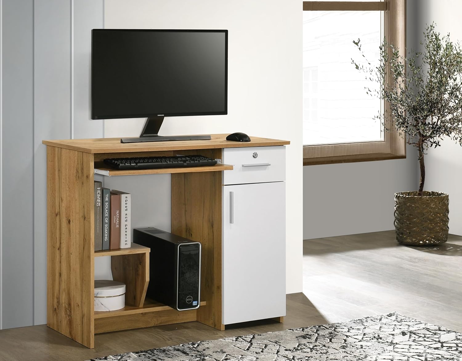 DeckUp Nobu Home Engineered Wood Study Table and Office Desk (Wotan Oak & White, Matte Finish)