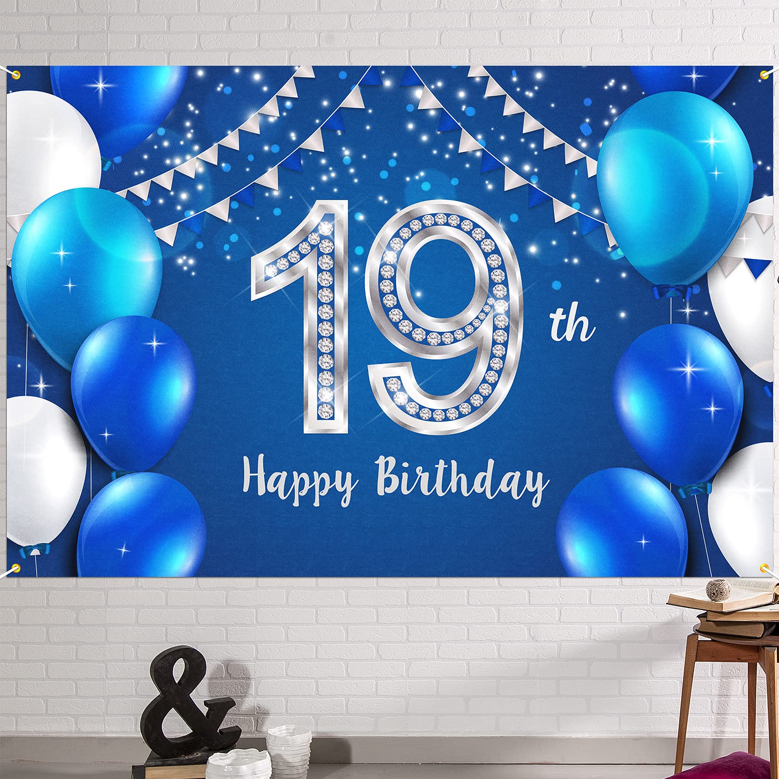 HAMIGAR 6x4ft Happy 19th Birthday Banner Backdrop - 19 Years Old Birthday Decorations Party Supplies for Women Men - Blue Silver