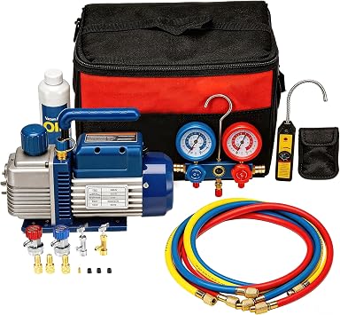 4CFM 1/3 HP Single Stage Rotary Vane AC Air Conditioning Vacuum Pump Kit with Manifold Gauge Set Hoses and Leak Dectactor for HVAC Automotive and Household Refrigeration Systems