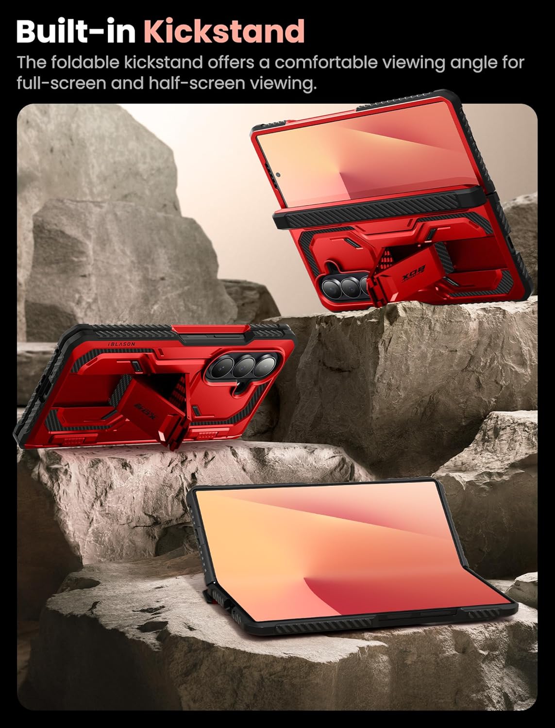 i-Blason Armorbox for Samsung Galaxy Z Fold 7 Case with Stand [9H+ Tempered Glass Screen Protector] [Hinge Protection] Full-Body Heavy Duty Rugged Shockproof Protective Case for Z Fold 7 (Red)