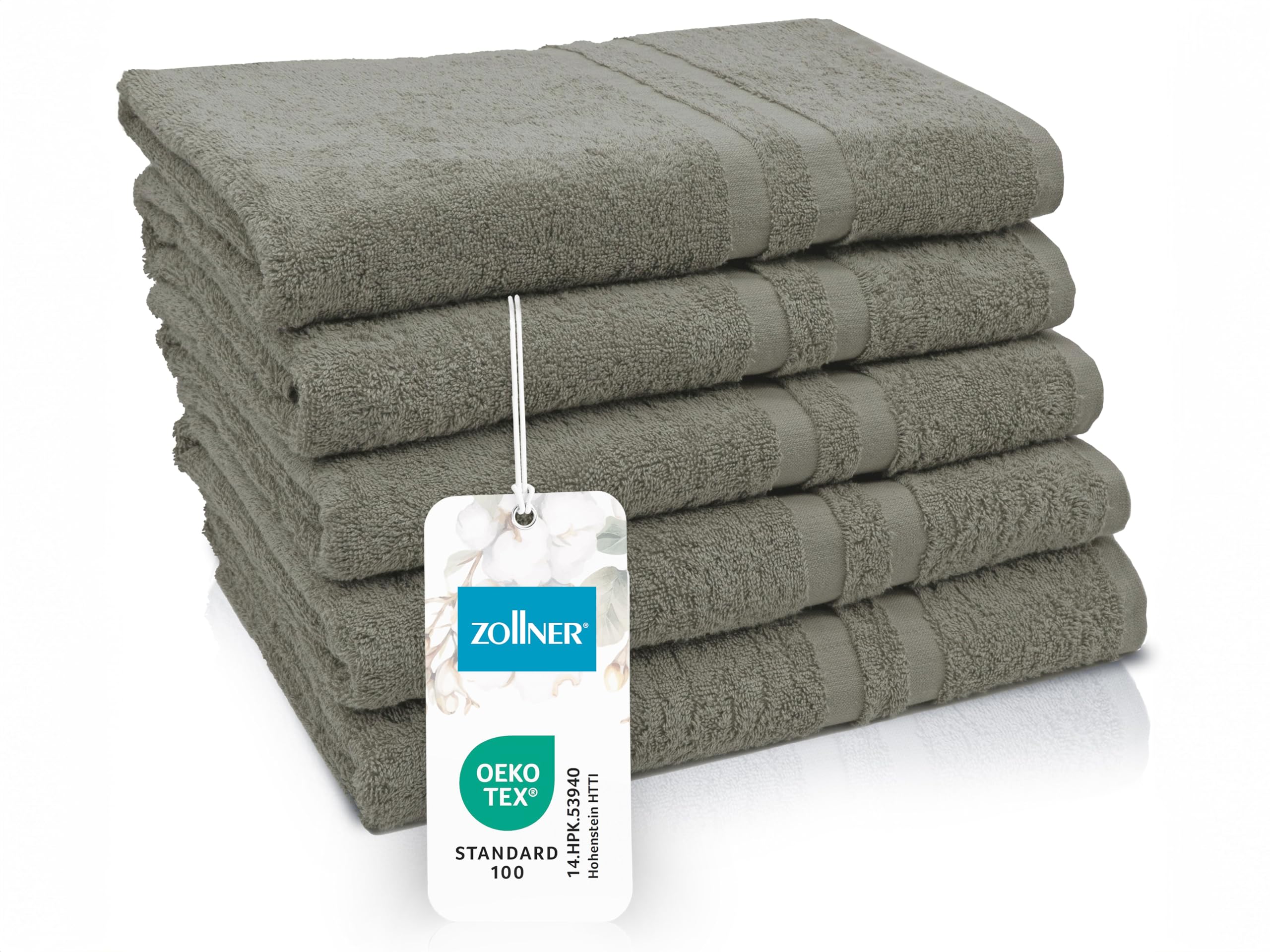 ZOLLNER Juego de 5 Toallas de Ducha de 70 x 140 cm - Toallas de baño - con un Moderno Borde a Rayas - Lavables hasta 95 °C - con un práctico Colgador - En Color Taupe - Calidad de Hotel
