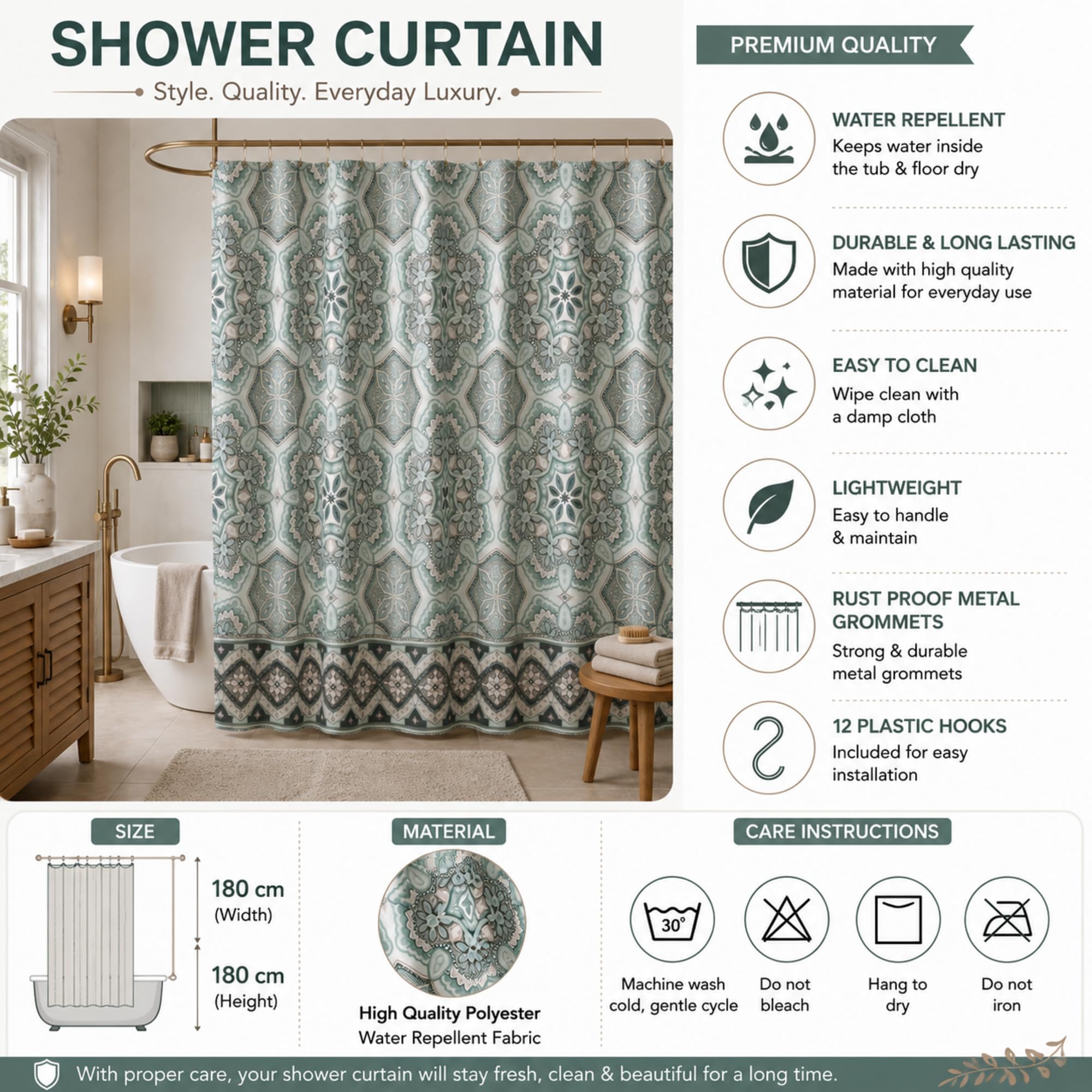 homewards Digitally Printed Ethenic Design Water Repellent Polyester Shower Curtain (6ft x 6ft) 180cm x 180cm with 12 Hooks,Blue Ethenic Design 2
