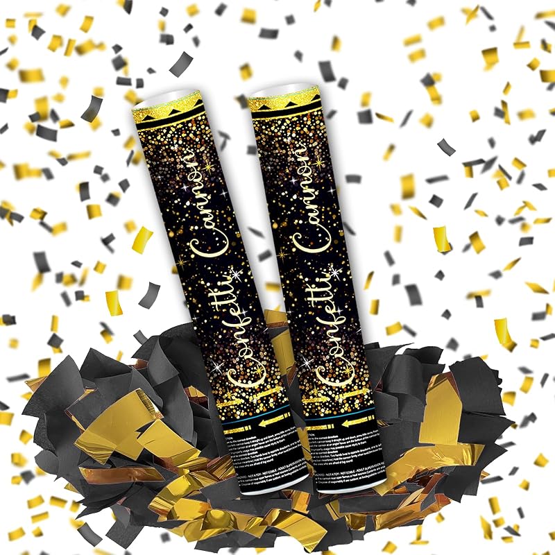 12" Black and Gold Confetti Cannon Party Poppers - 2 Pack | Birthday Graduation Wedding Retirement Decorations,Photoshoot,New Years Eve Party Supplies,Big Confetti Easy to Clear