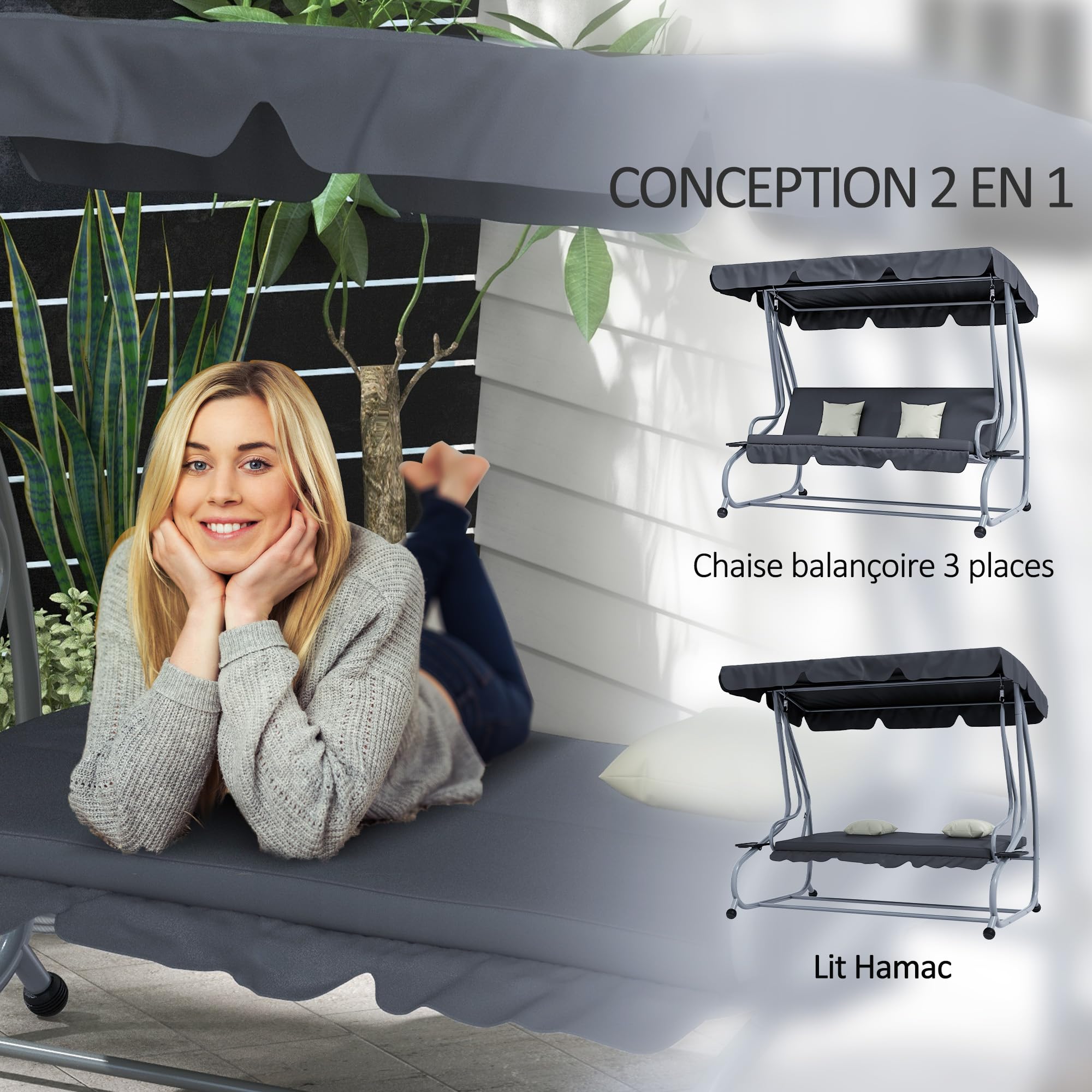 Outsunny Columpio de Jardín Convertible 3 Plazas Techo Ajustable Inclinación 2 Estantes Soporte 2L x 1.2l x 1.64H m Metal Epoxy Negro Poliéster Gris