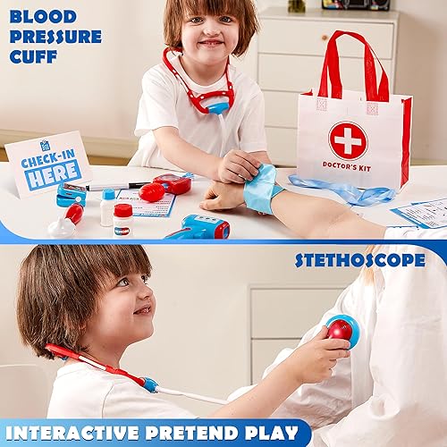 Miniatura 4 de Kit médico para niños, kit médico de juego de simulación de 16 piezas con bolsa, juego de rol de médico, estetoscopio de juguete realista, tarjetas