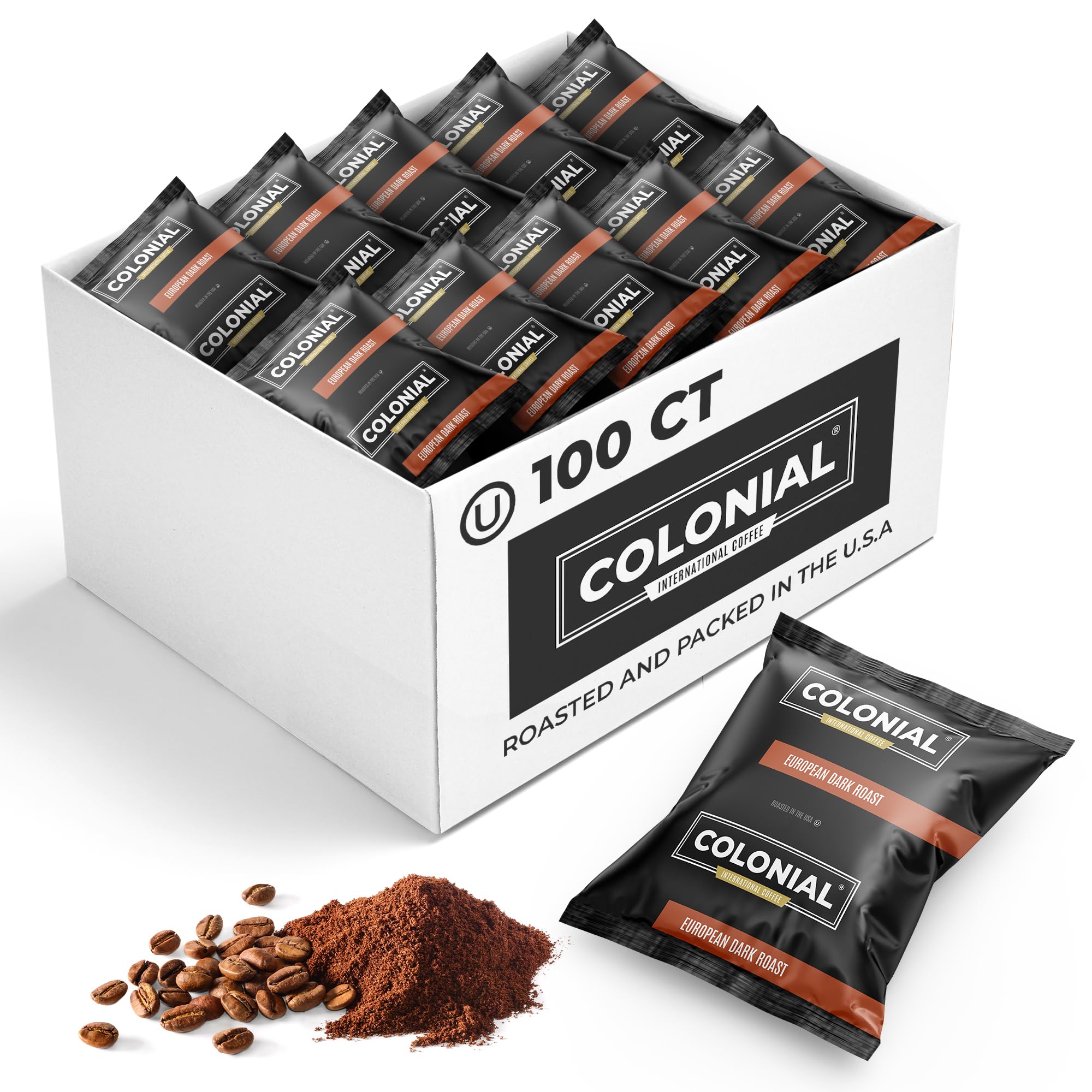 Colonial Coffee 100 Count Single Pot Coffee Packets – 100% Arabica Dark Roast | Pre-Measured Frac Packs for 12 Cup Maker | Bulk Ground Gourmet Coffee for Home & Office