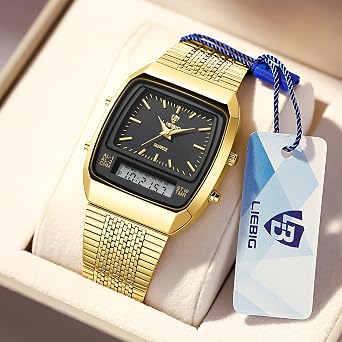 Men’s Retro Analog-Digital Watch, Square Case, Quartz Dual Time with Alarms & Stopwatch, 30M Water Resistant, Mineral Glass, Stainless-Steel Bracelet