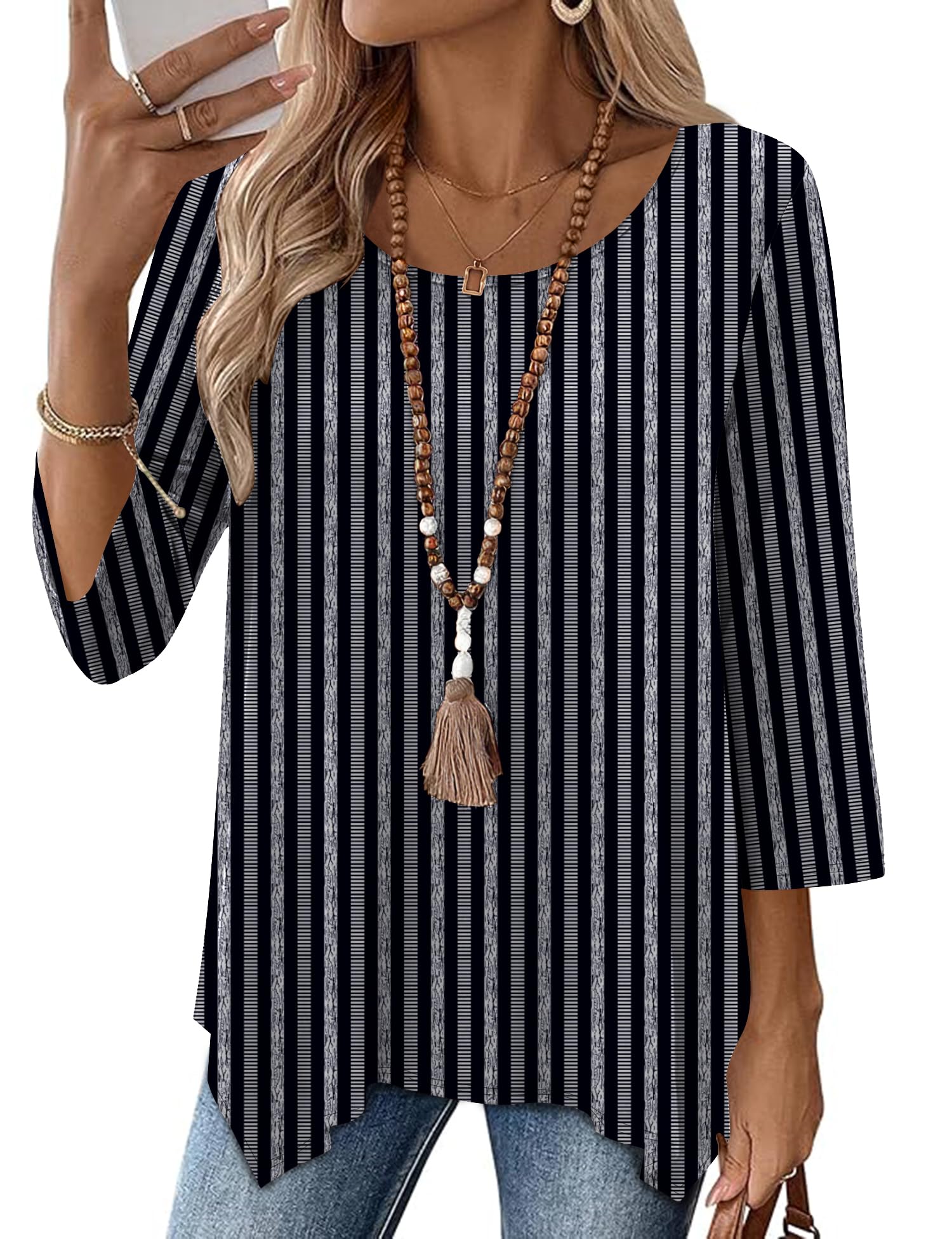 AKEWEI 3/4 Length Sleeve Womens Tunic Tops Loose Fit Blouses Dressy Casual Crew Neck Tees S-2XL Black White Stripes 3X-Large