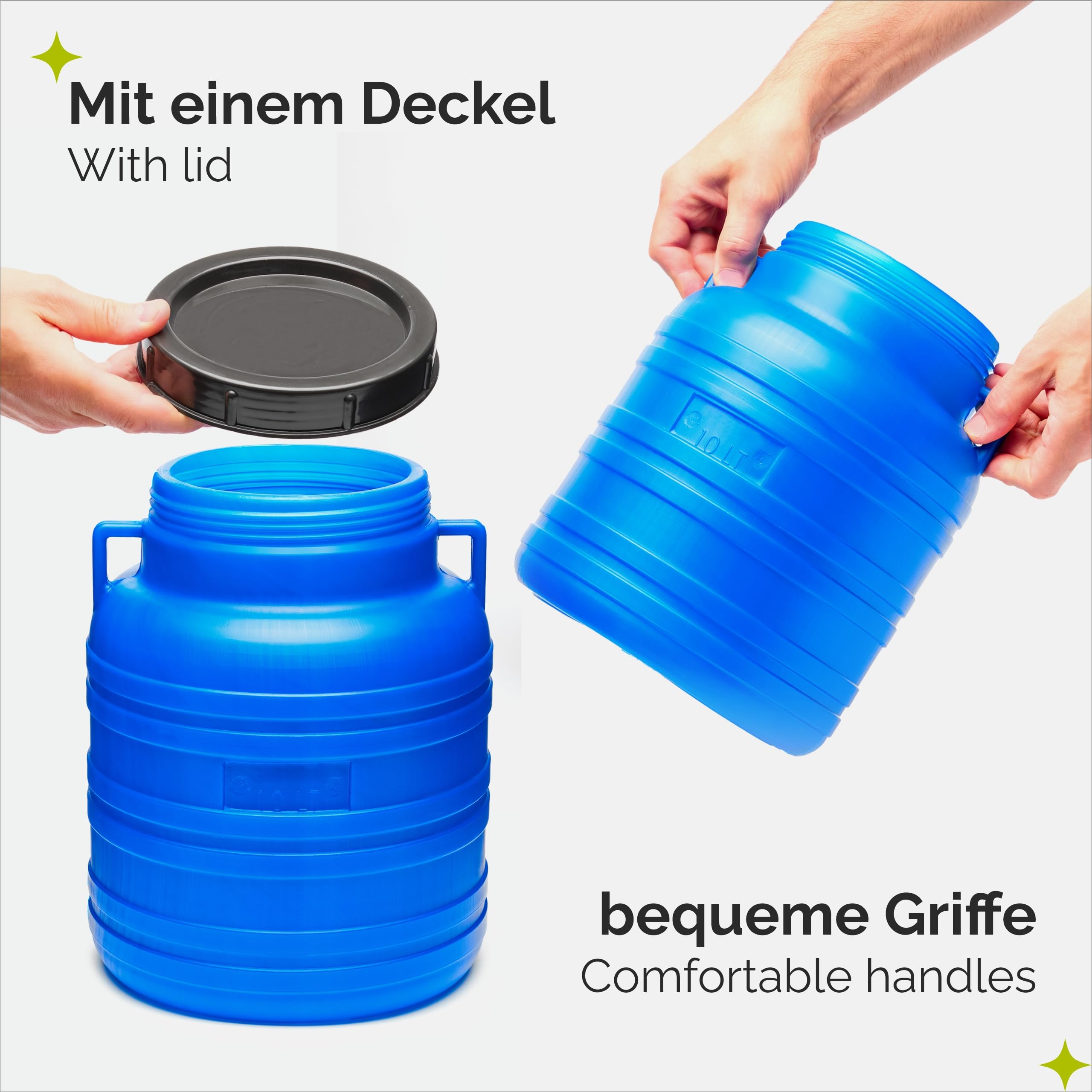 Garronda Set 5X 10 Liter Weithalsfass BPA-frei Futtertonne Fass Universalfass Lebensmittel Fass Regenfass für Garten Regentonne mit Deckel Regenwassertonne für Garten Wassertonne GD-0120 Blau