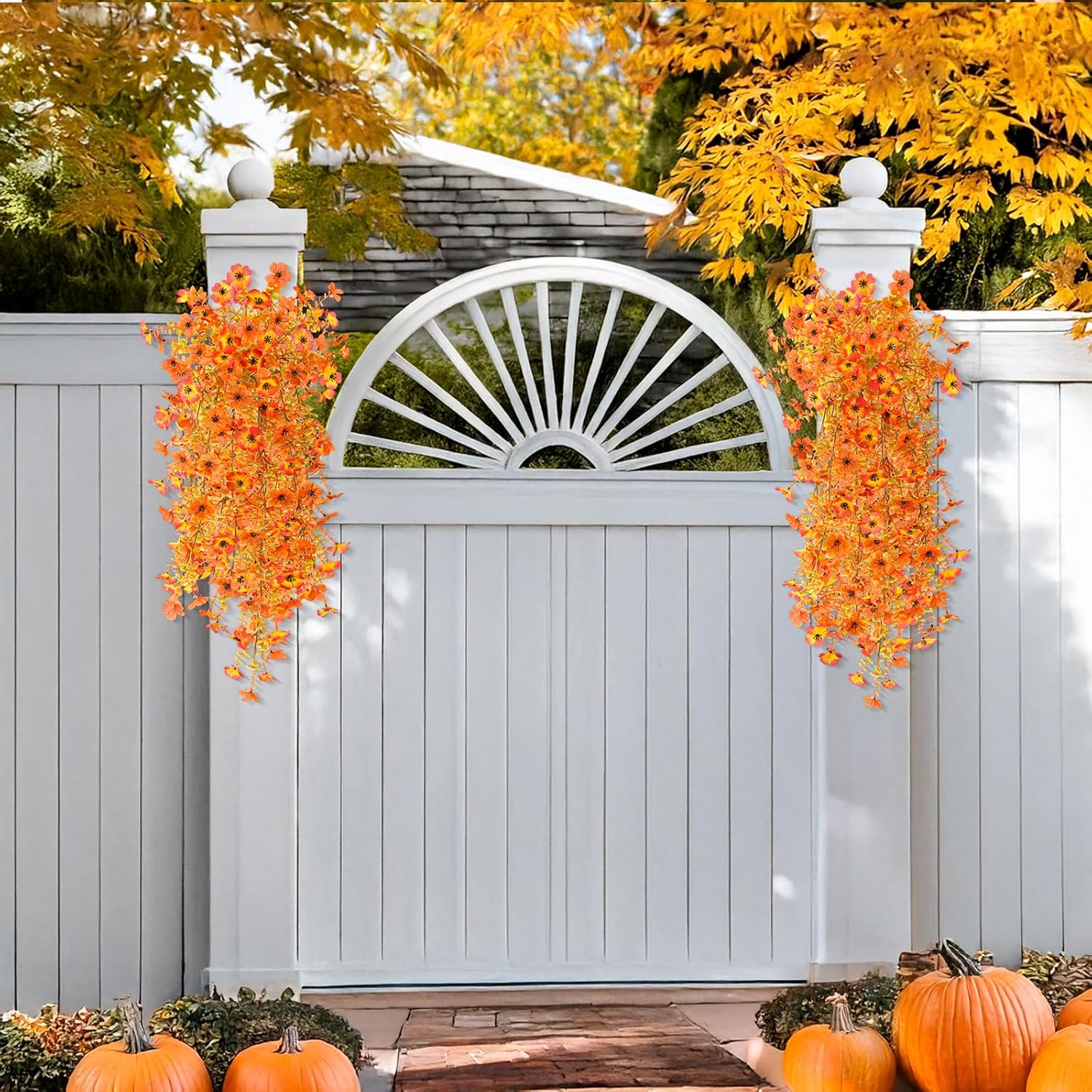 Homsunny Artificial Fall Flowers for Outdoors Fake Flowers UV Resistant 2PCS Fall Mums Flowers for Home Patio Balcony Yard Porch, Orange and Sunset Red - Image 7