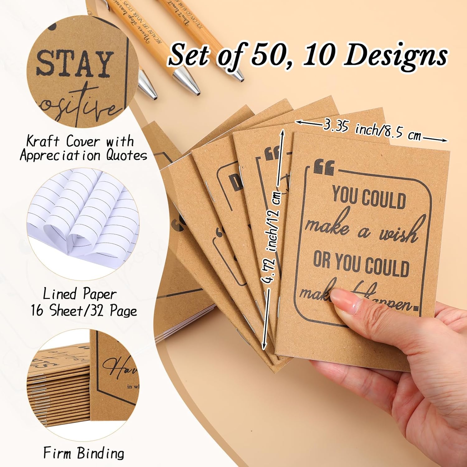 Fulmoon 100 Pcs Employee Appreciation Gifts Bulk Kraft Inspirational Notebook Motivational Bamboo Pen Mini Pocket Notepad for Coworkers Teacher Team Office Staff Women Volunteer Gifts