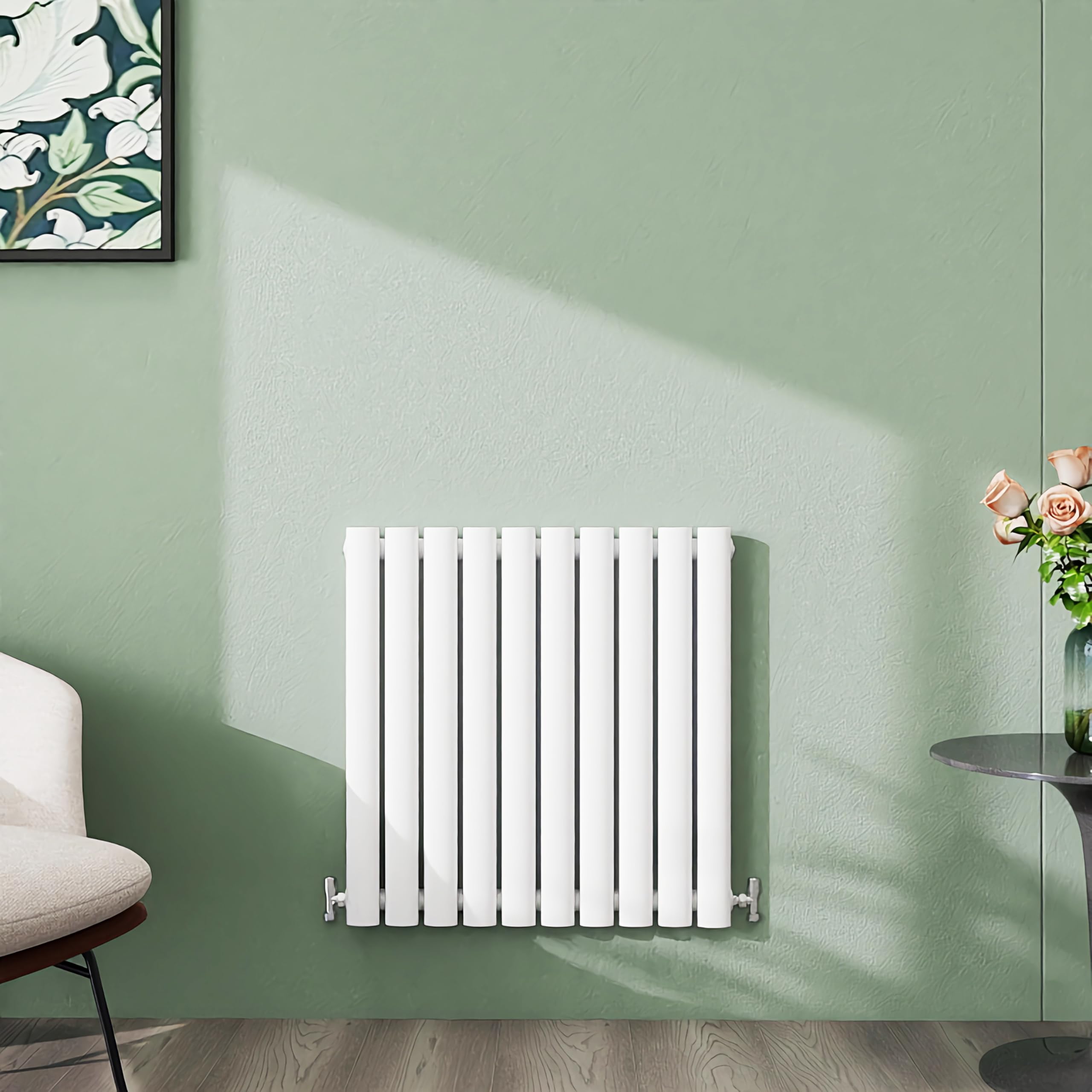 Simple Bathroom 600×590mm White Radiator Horizontal Single Oval Column Designer Central Heating Rad for Bathroom/Kitchen/Living Room