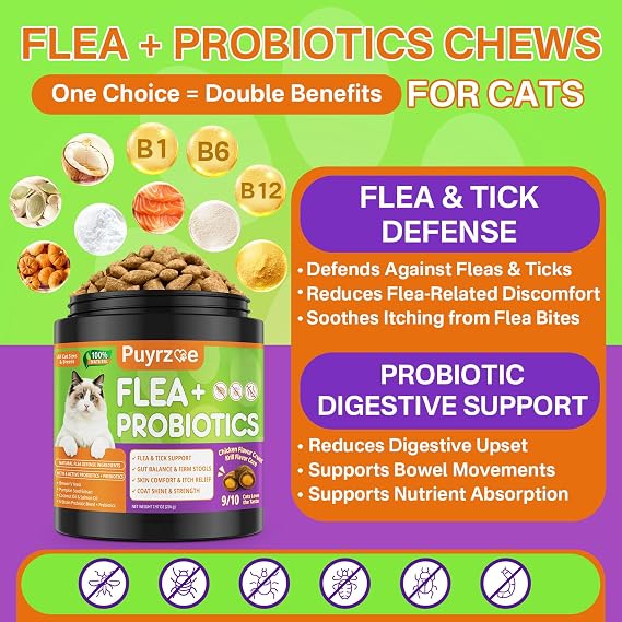 Puyrzoe Natural Flea and Tick Prevention for Cats, Itch Relief, Skin & Coat Support, 500 Chews with 6-Strain Probiotics, Gut & Immune Health, Flea Treatment for Cats, Chicken Flavor, All Breeds & Ages