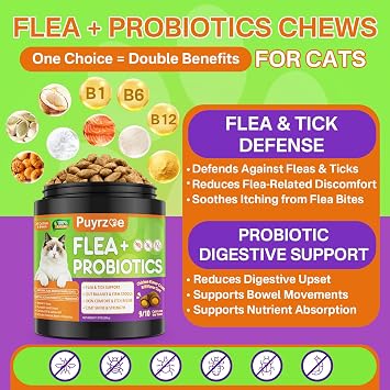 Puyrzoe Natural Flea and Tick Prevention for Cats, Itch Relief, Skin & Coat Support, 500 Chews with 6-Strain Probiotics, Gut & Immune Health, Flea Treatment for Cats, Chicken Flavor, All Breeds & Ages