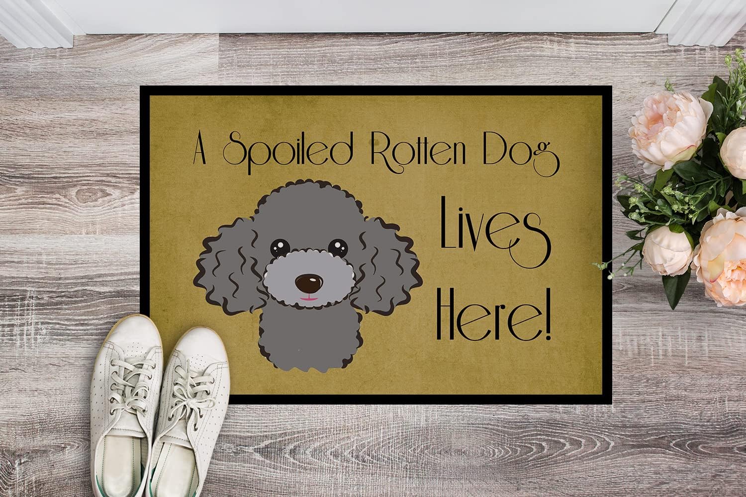 Caroline's Treasures BB1507MAT Silver Gray Poodle Spoiled Dog Lives Here Doormat 18x27 Front Door Mat Indoor Outdoor Rugs for Entryway, Non Slip Washable Low Pile, 18H X 27W