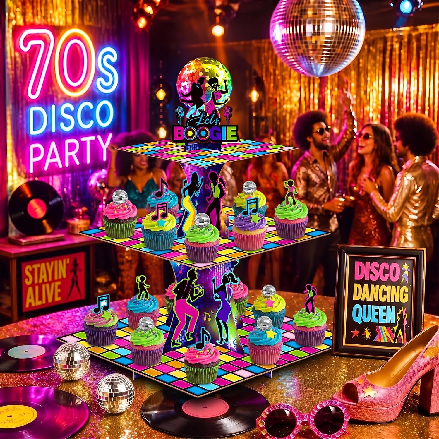 Tiamon 3 Tier 1970's Disco Cupcake Stand for Boogie Retro Party Decorations