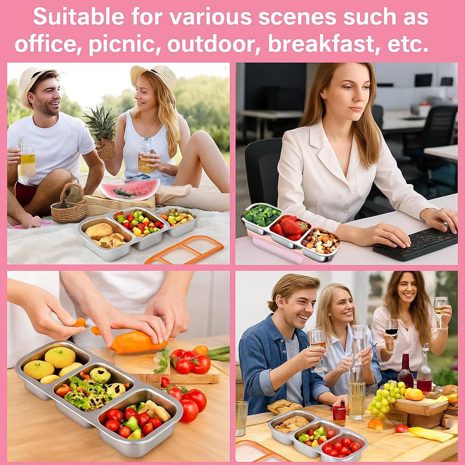 6PCS Premium Stainless Steel Lunch Box, 2&3 Compartments Bento Containers, Leakproof Metal Seamless One-Piece Design, Reusable, Family Healthy Choice for Meal Prep, Travel, Picnic, Office (orange)