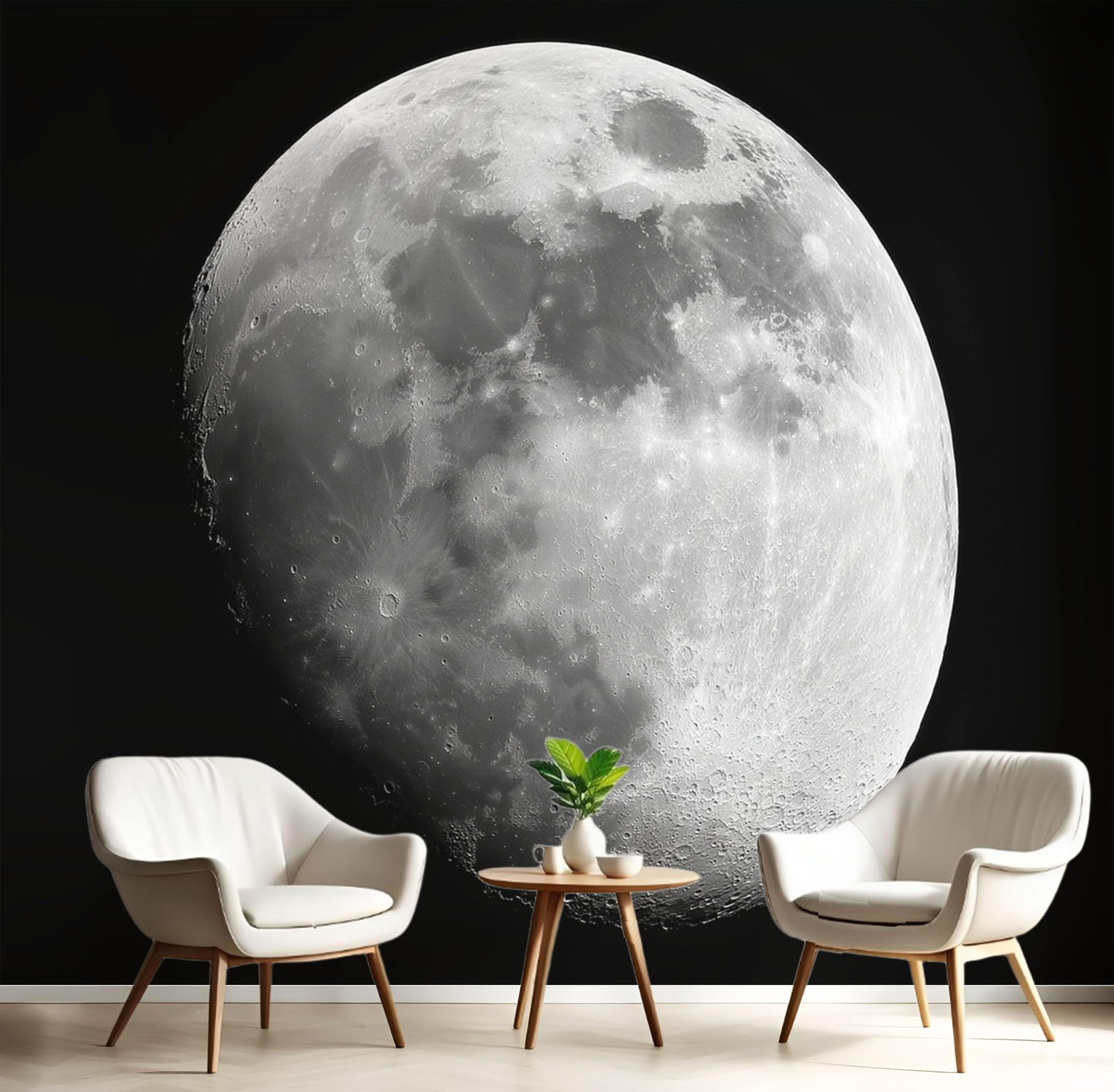 Papier peint espace lunaire pour créer une ambiance cosmos relaxante derrière le canapé