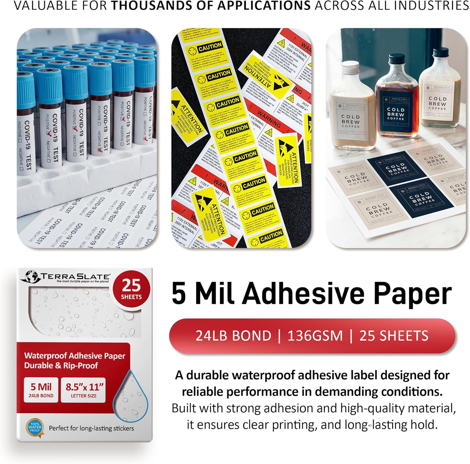 TerraSlate Waterproof Sticker Paper | 5 Mil Permanent Adhesive Labels | Printable Sticker Paper for Laser Printer, Copy Machine & Digital Press (Letter - 8.5" x 11", 25 Sheets)