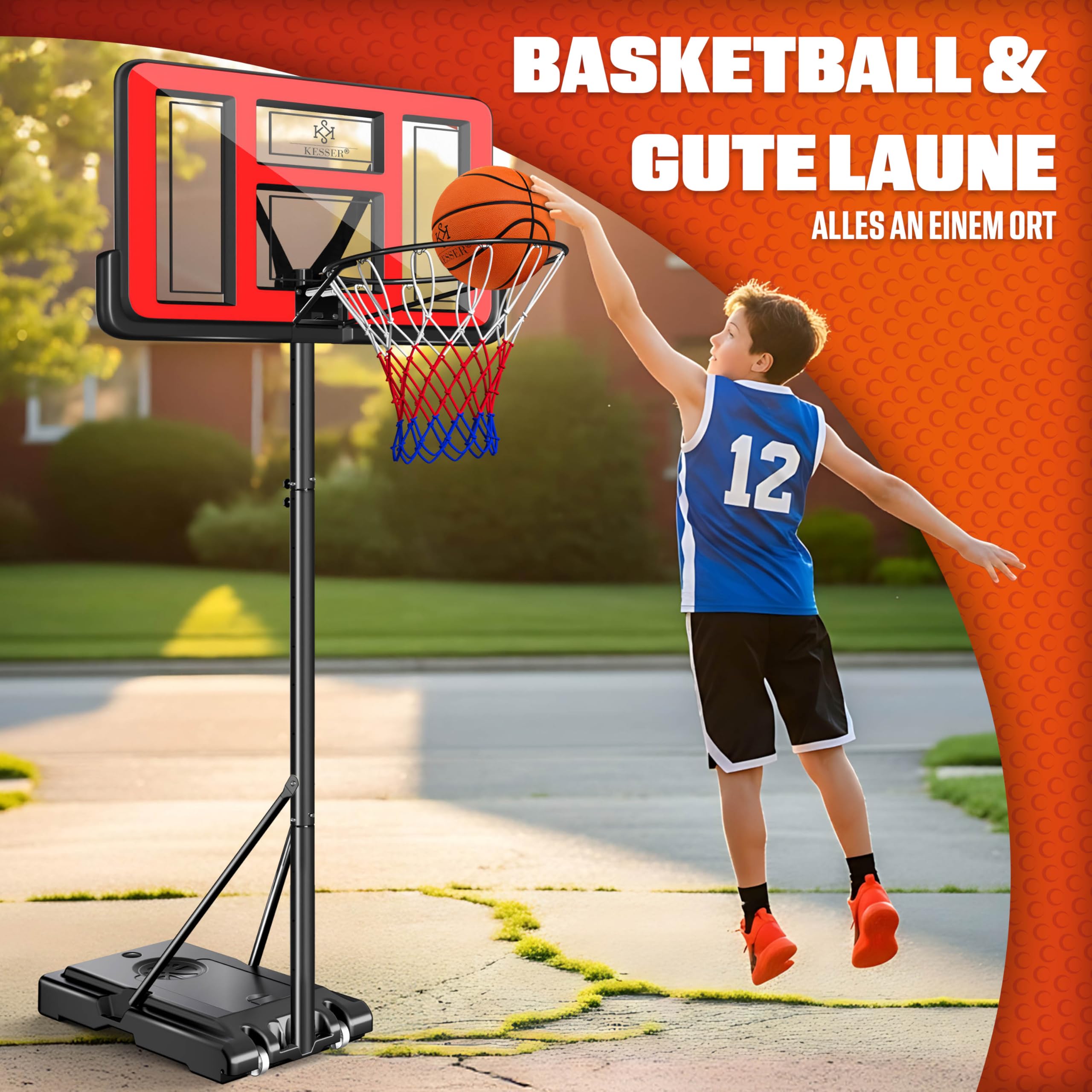 KESSER Juego de canasta de baloncesto ajustable de 160 a 210 cm, soporte de baloncesto móvil con ruedas, tabla de baloncesto, bomba y 2 redes, sistema de baloncesto para interiores y exteriores para