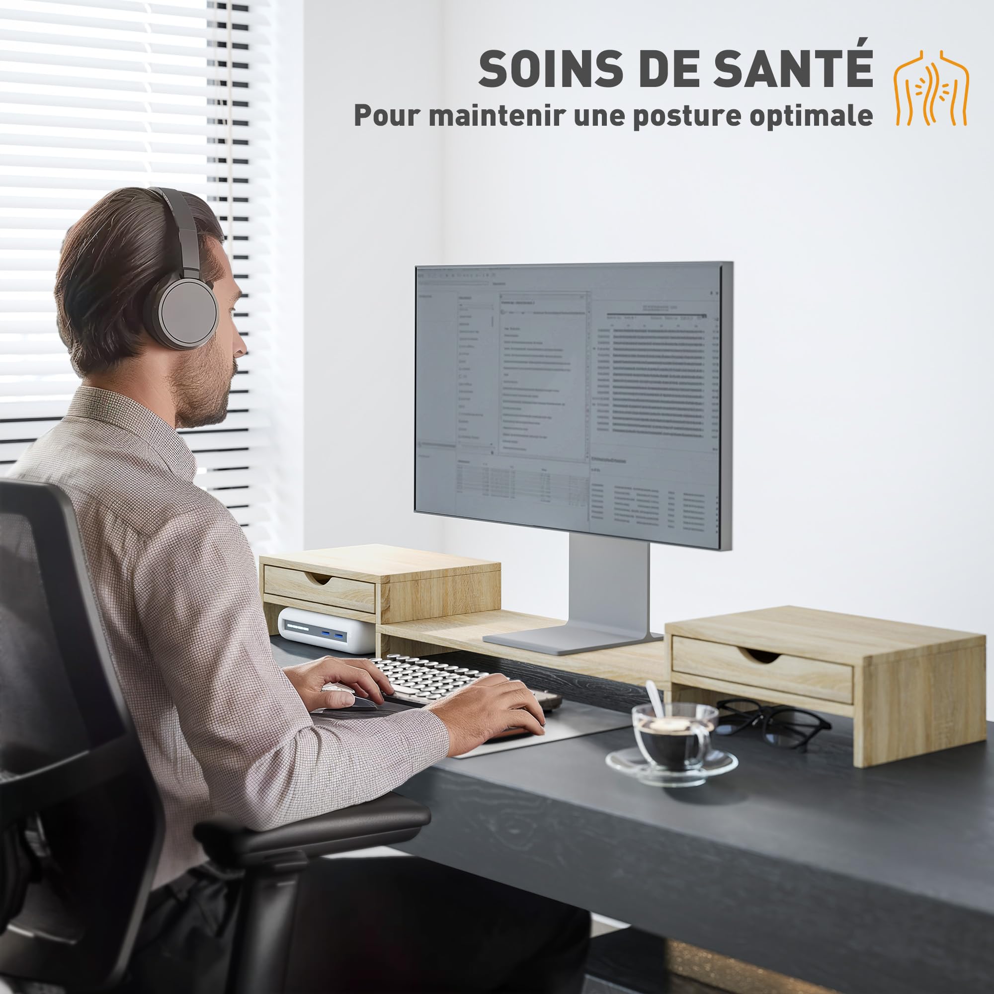HOMCOM Rehausseur écran PC bureau support moniteur 60-116 cm 2 tiroirs réglable chêne