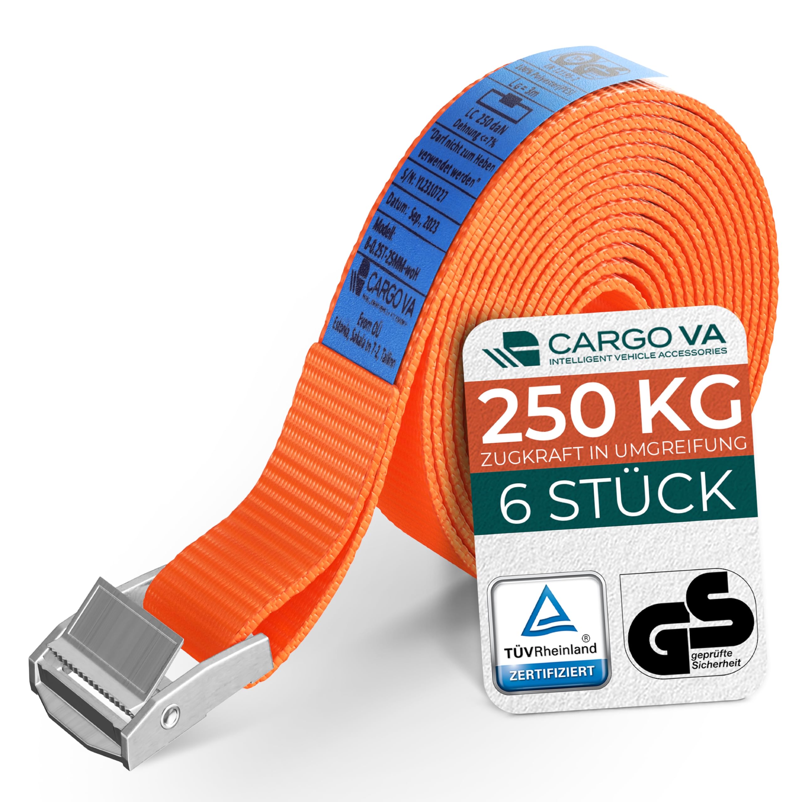 Robuste Spanngurte mit Klemmschloss von CargoVA - TÜV/GS & DIN - Längen (0.5m-5m) - 250kg Kapazität - Für Fahrrad, Dachbox & Motorrad [6er Set/3M]