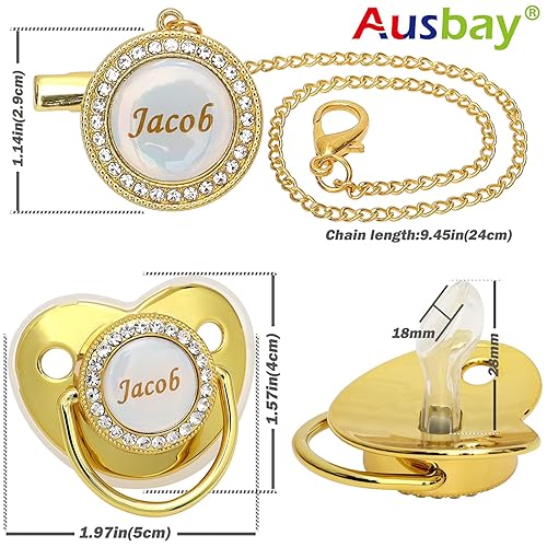 Miniatura 2 de Juego de chupete personalizado con nombre, sin BPA, dorado, plateado, rosa, oro rosa, lujoso, regalo ideal para recién nacidos (plateado)
