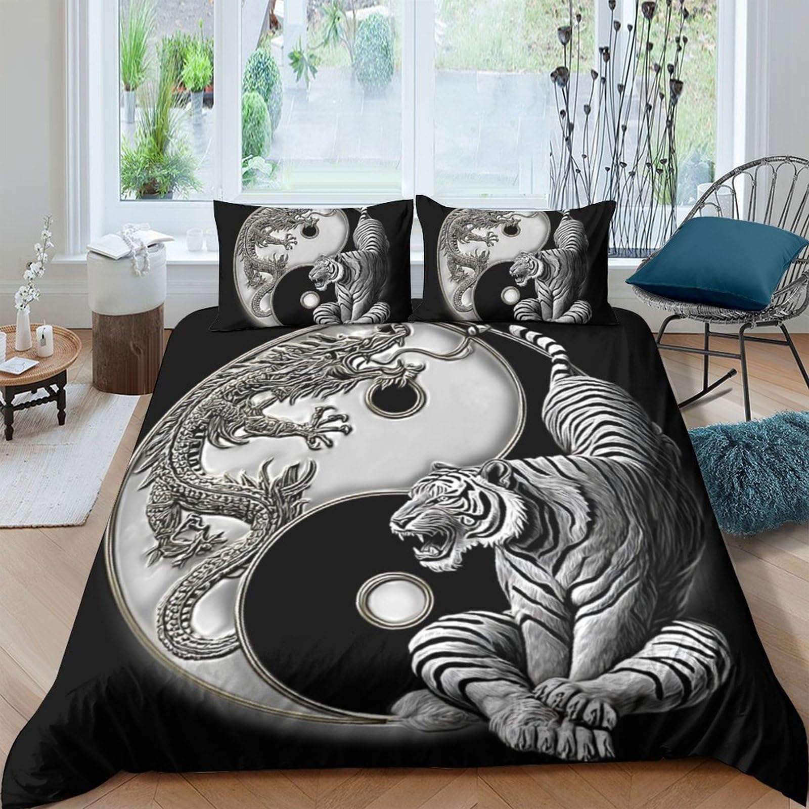 Ctjqhvkz Style-9 3D Printed Yin Yang Tiger Fitted Sheet Microfiber Black White Dragon Mattress Cover For Bedroom Dorm Decor Easy Care Single（135X200cm）