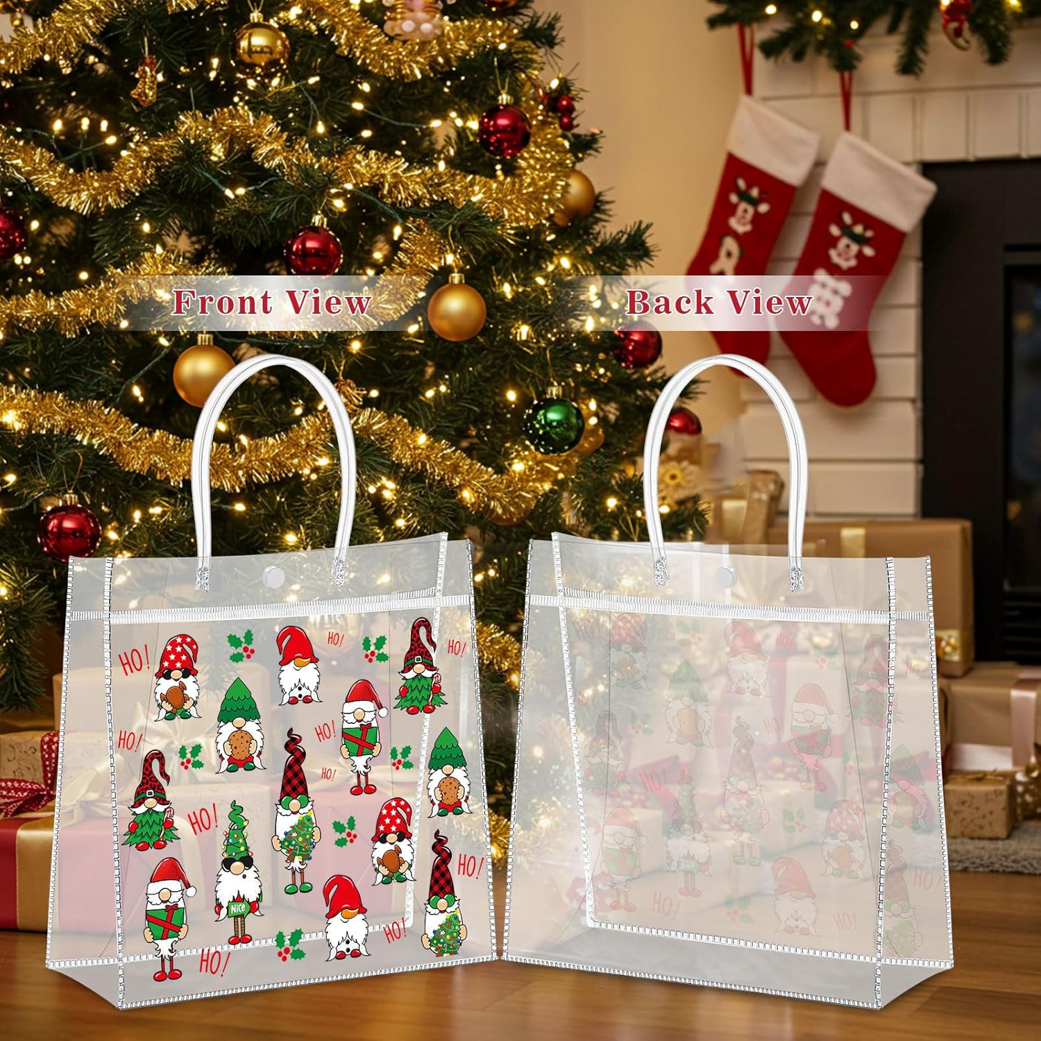Harloon 24 Pcs Christmas Clear Plastic Gift Bags with Handle, PVC Goodie Candy Treat Bags Reusable Tote Bag for Xmas Winter Party Favor Gifts Supplies, 9.84"x 9.84"x 3.54"(Gnome) - Image 6