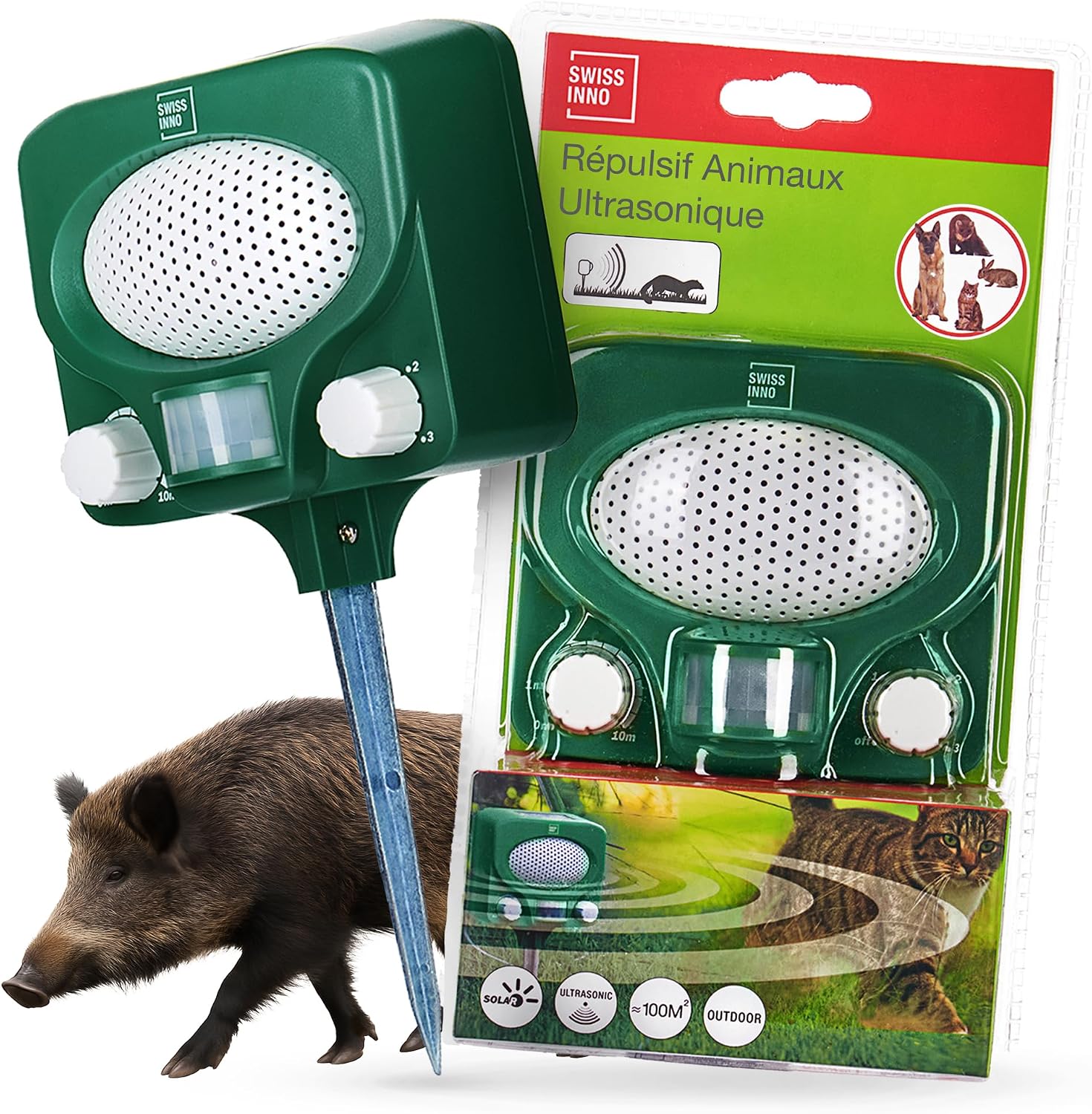 SWISSINNO Répulsif Ultrasons Animaux – Éloigne Chats Chiens Martres Lapins Renards – Panneau Solaire – Portée 100m² – Étanche pour Jardin Extérieur — vue 2