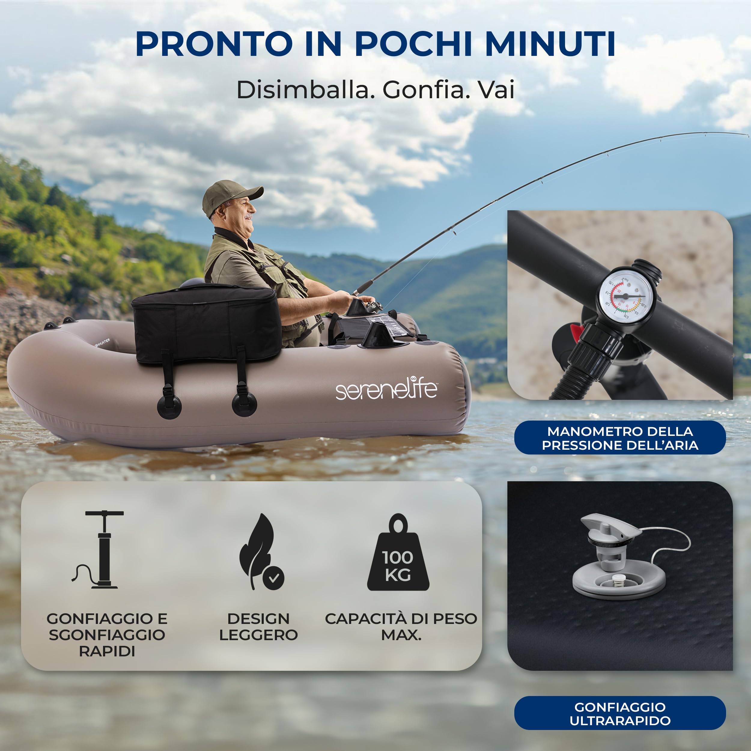 Serenelife Barca da Pesca, Barca Gonfiabile, Belly Boat Portatile, Galleggianti da Pesca con Sedile e Schienale Regolabili, Pompa Manuale, Borsa, Kit di Riparazione, Portata 100 kg