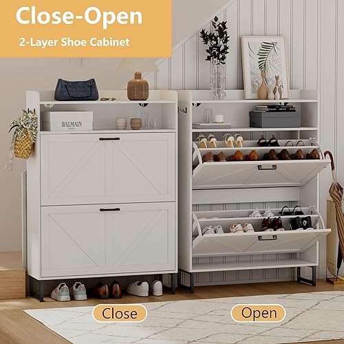 Miniatura 3 de Zapatero con 2 cajones abatibles, organizador de almacenamiento oculto independiente para entrada, zapatero estrecho y delgado con almacenamiento