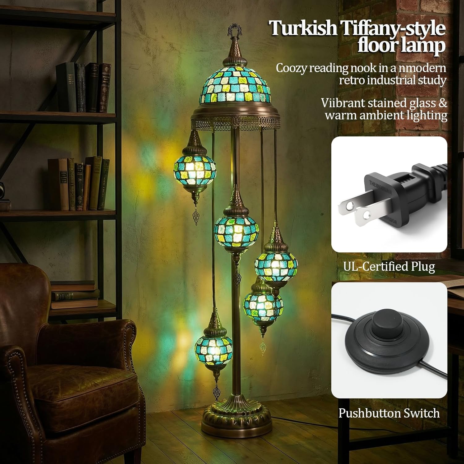 Turkish Floor Lamp 5-Light Dragonfly Blue Tiffany Style Stained Glass Standing Lamp, Vintage Tall Light for Living Room Bedroom Decor, Boho Handmade Art Home Reading Lamps