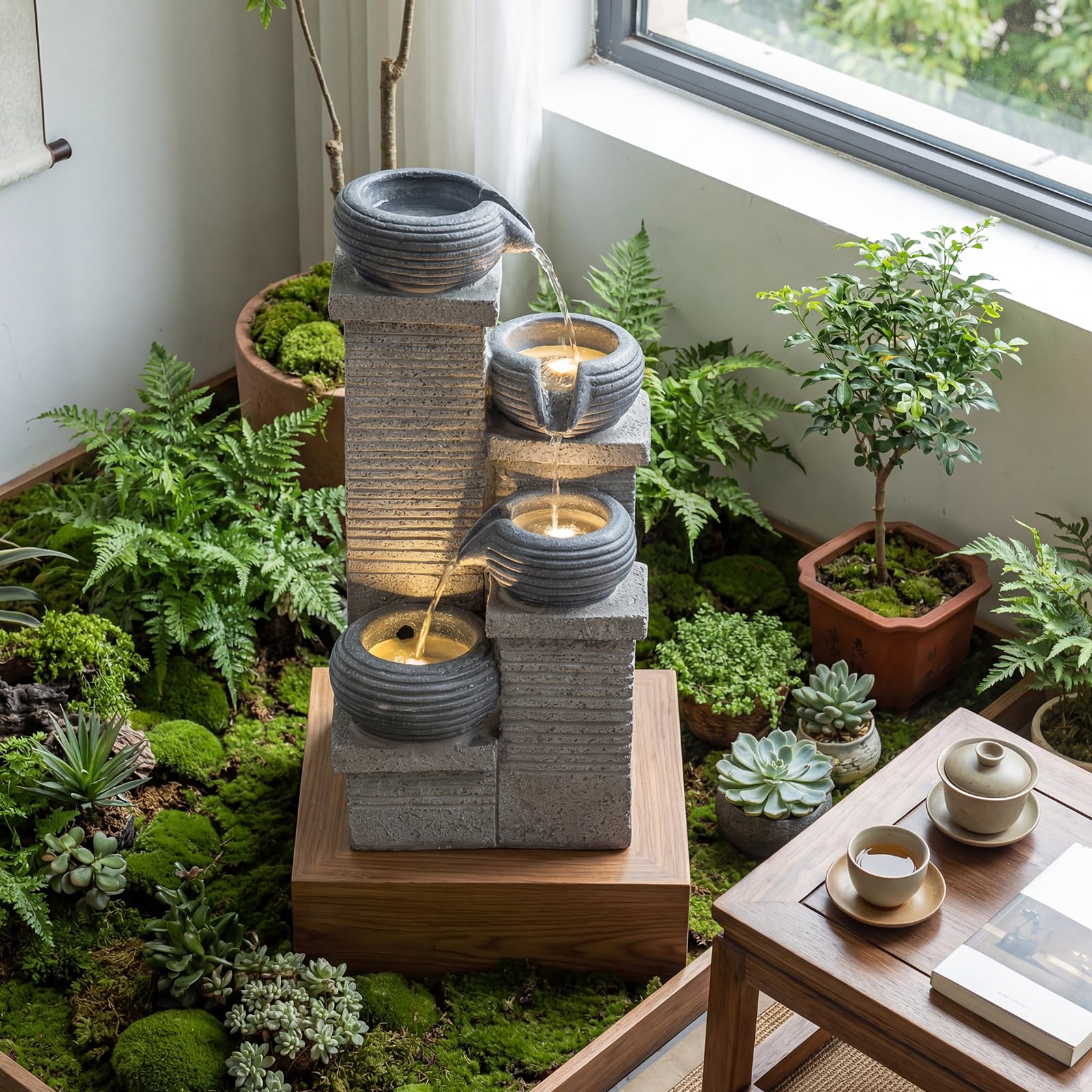 COSTWAY 4-stufiger Springbrunnen, Gartenbrunnen mit LED Beleuchtung & Pumpe, Kaskadenbrunnen Kunstharz, Steinoptik, Zimmerbrunnen draußen, Wasserfall Brunnen Garten, 28 x 22 x 58 cm