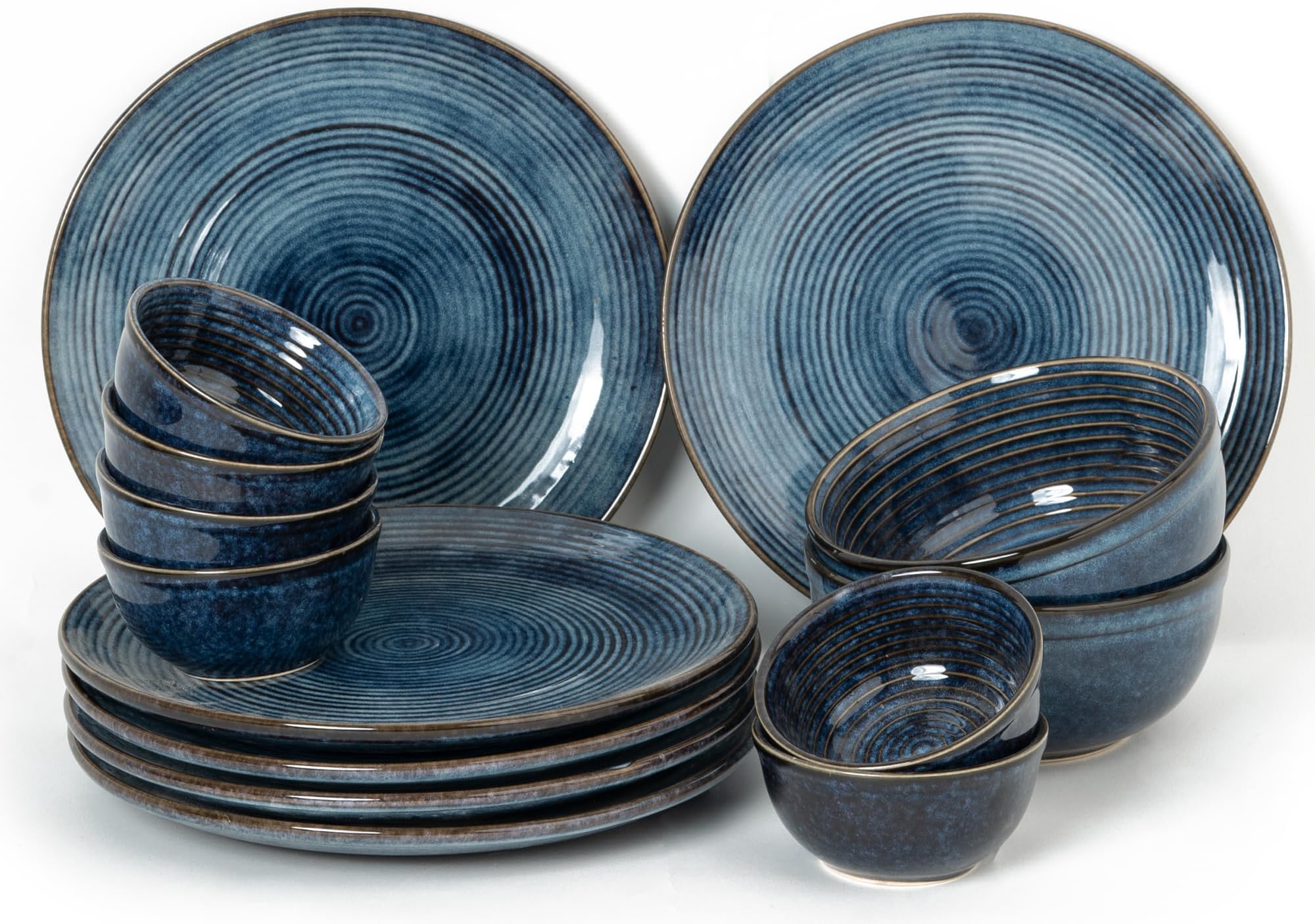 Handcrafted Stoneware Reactive Glaze Ceramic Dinner Set, 14 Pieces Serving for 6, Microwave and Dishwasher Safe, Bone-ash Free, Crockery Set for Dining and Gifting, Reactive Blue
