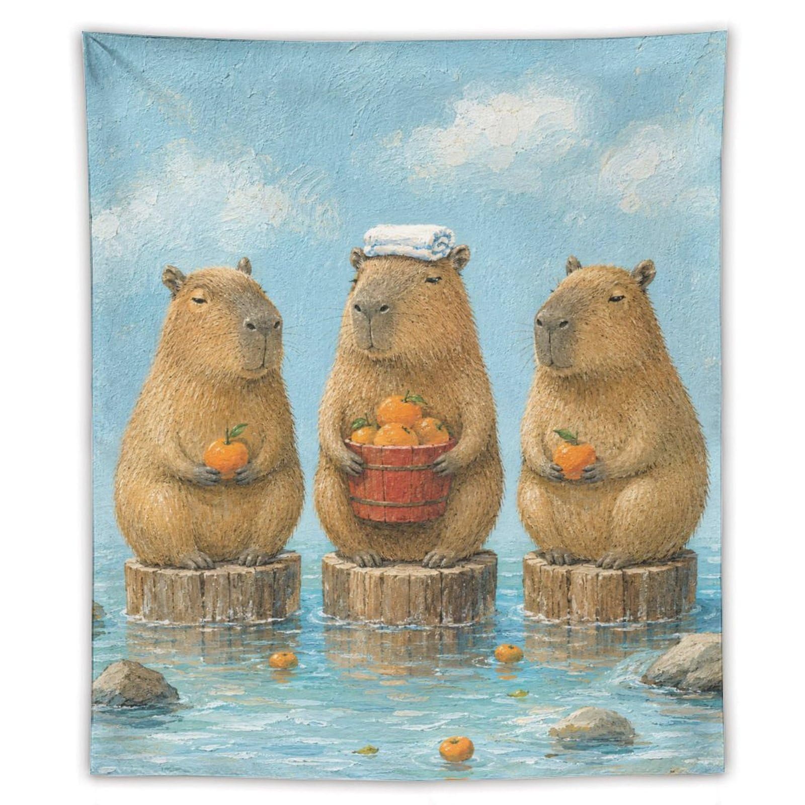 H3B8U2Y5 Capybara Trio with Fruit Wall Tapestry, Watercolor, Reading Corner