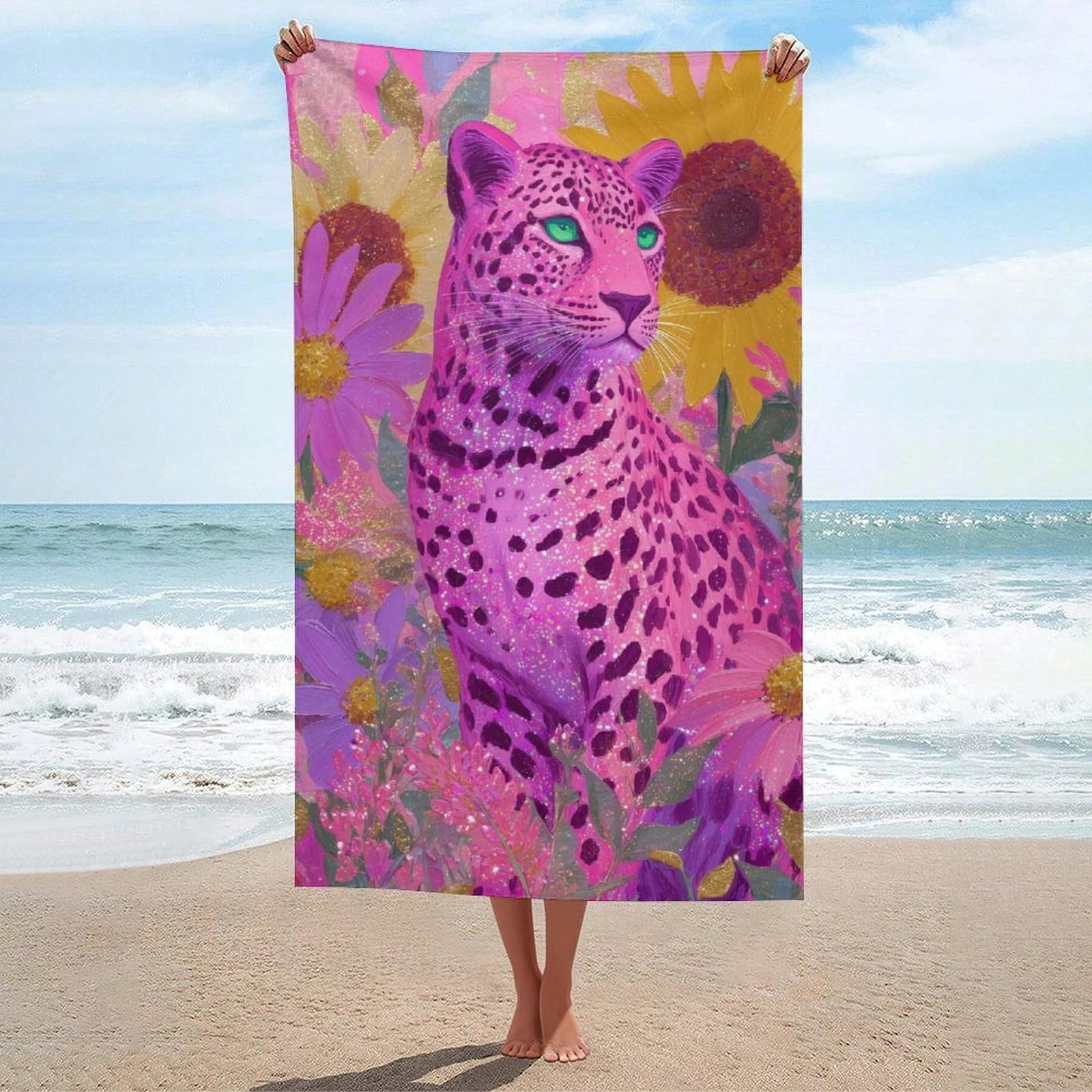 asbwuo Pink Leopard Green Eyes and Yellow Flowers Beach Towel